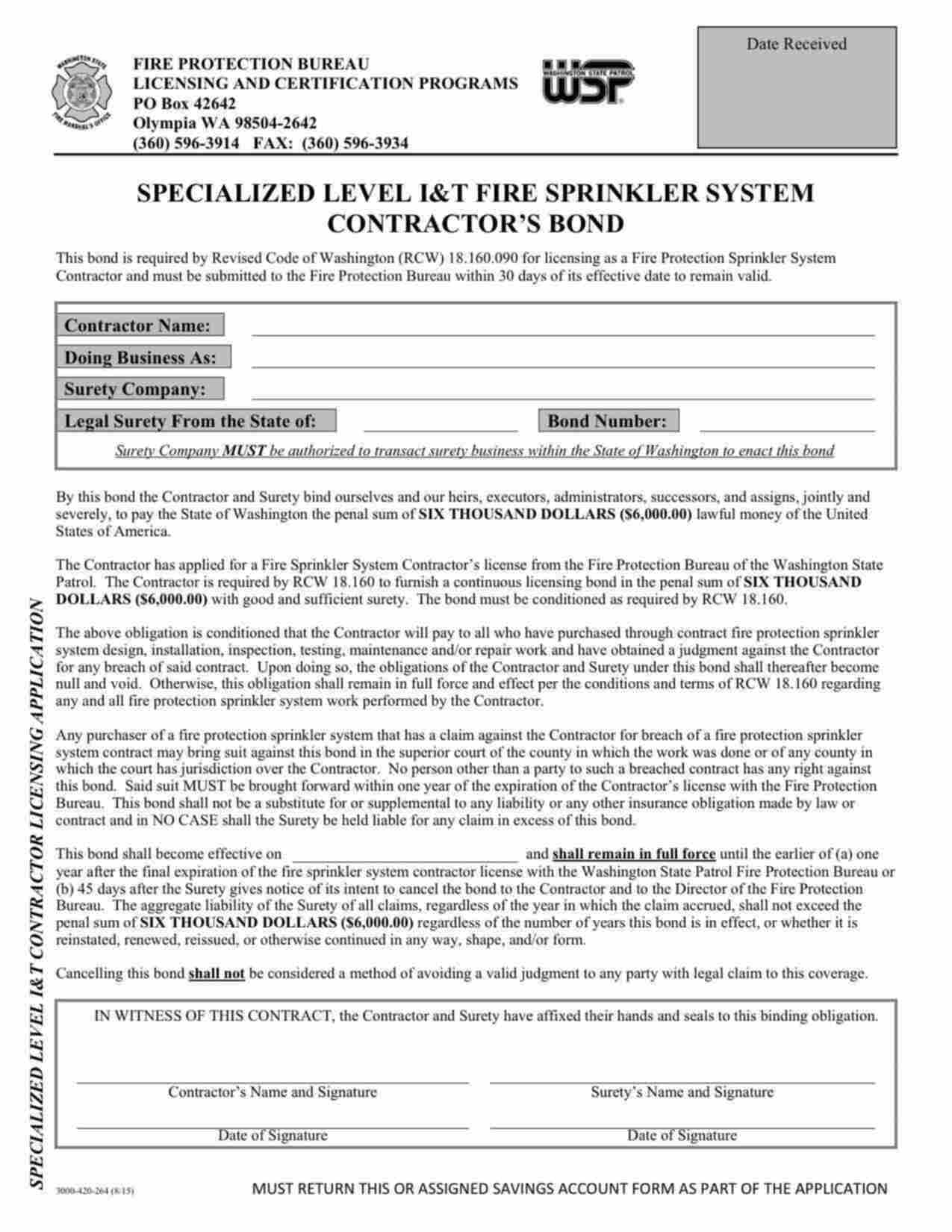 Washington Specialized Level I&T Fire Sprinkler System Contractor Bond Form