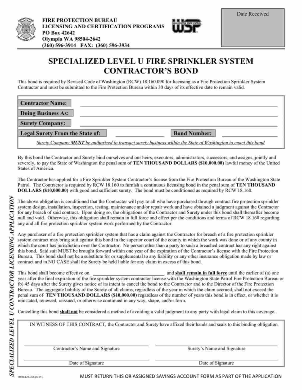 Washington Specialized Level U Fire Sprinkler System Contractor Bond Form