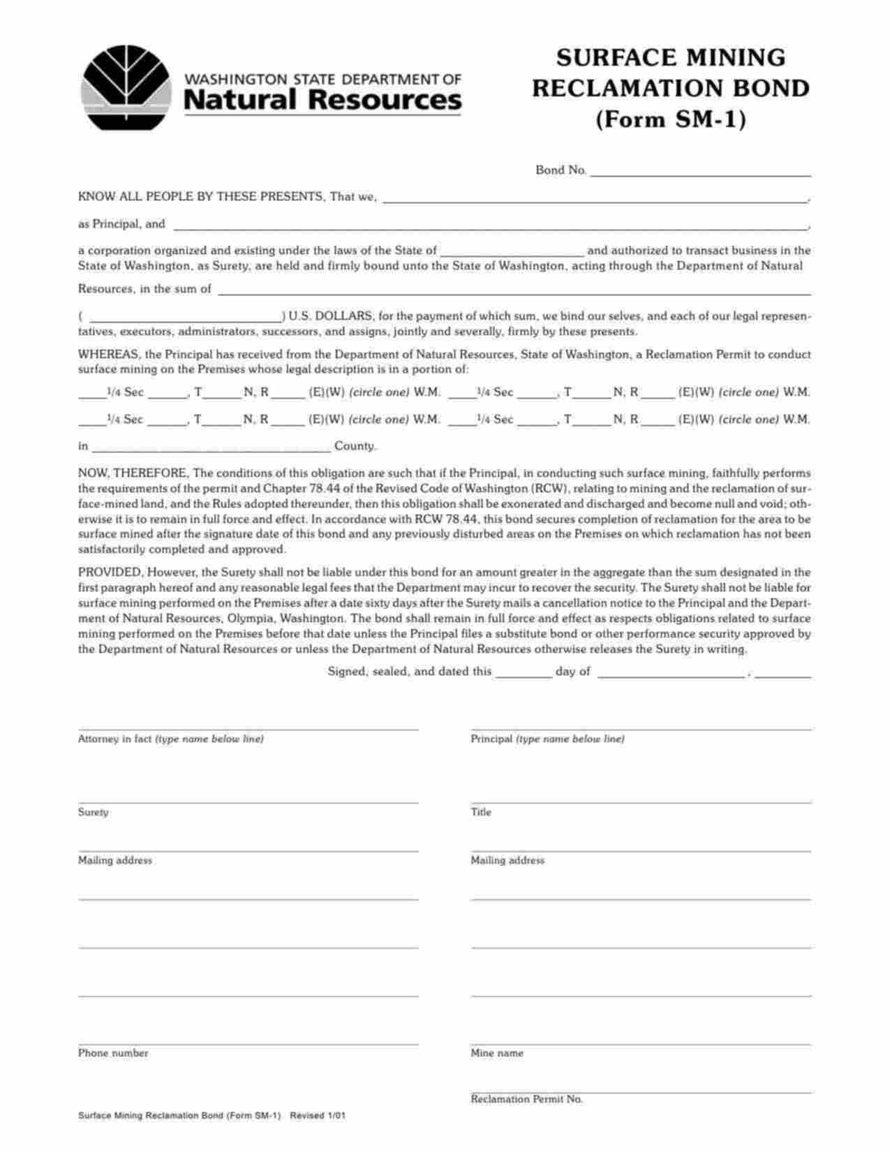 Washington Surface Mining Reclamation (Form SM-1) Bond Form