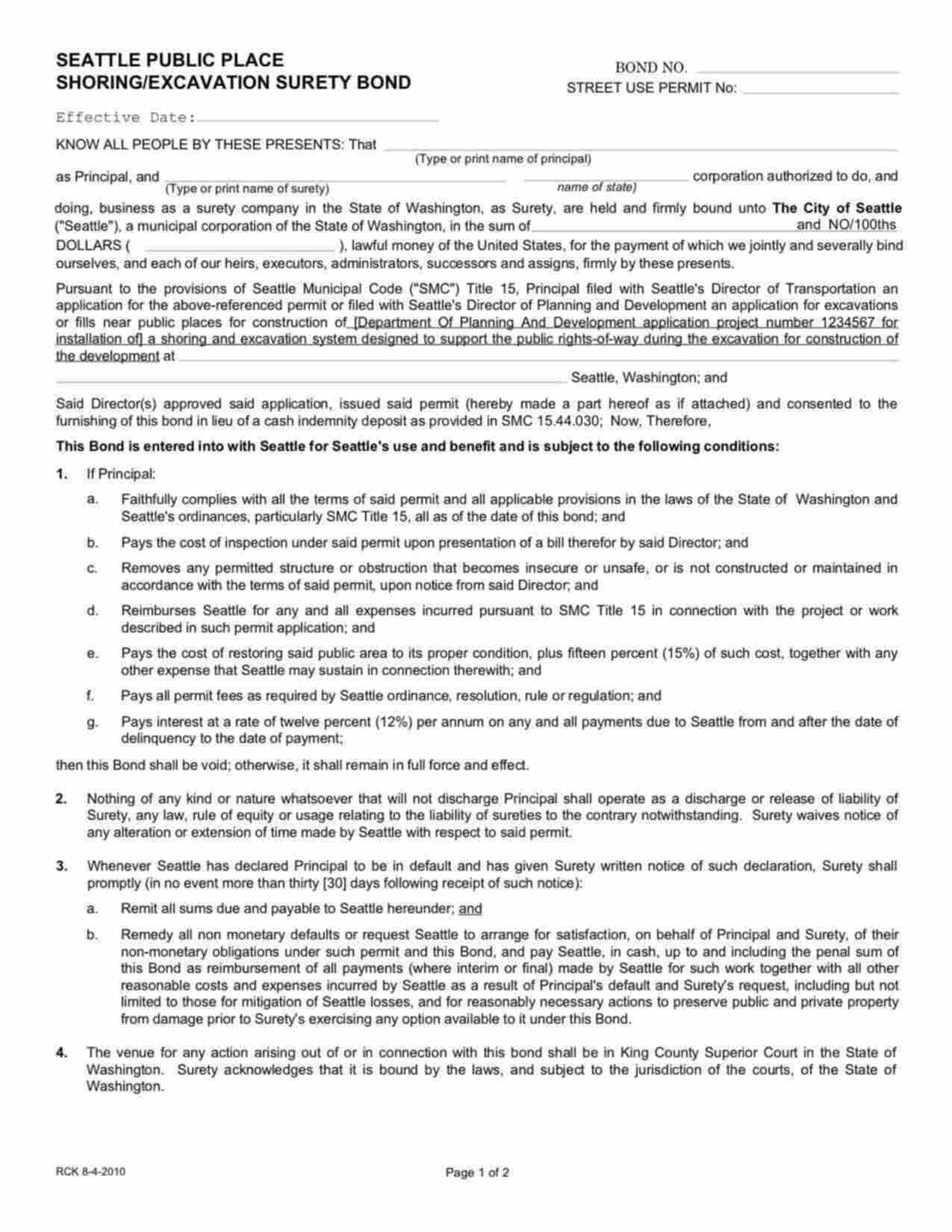 Washington Public Place Shoring/Excavation Bond Form