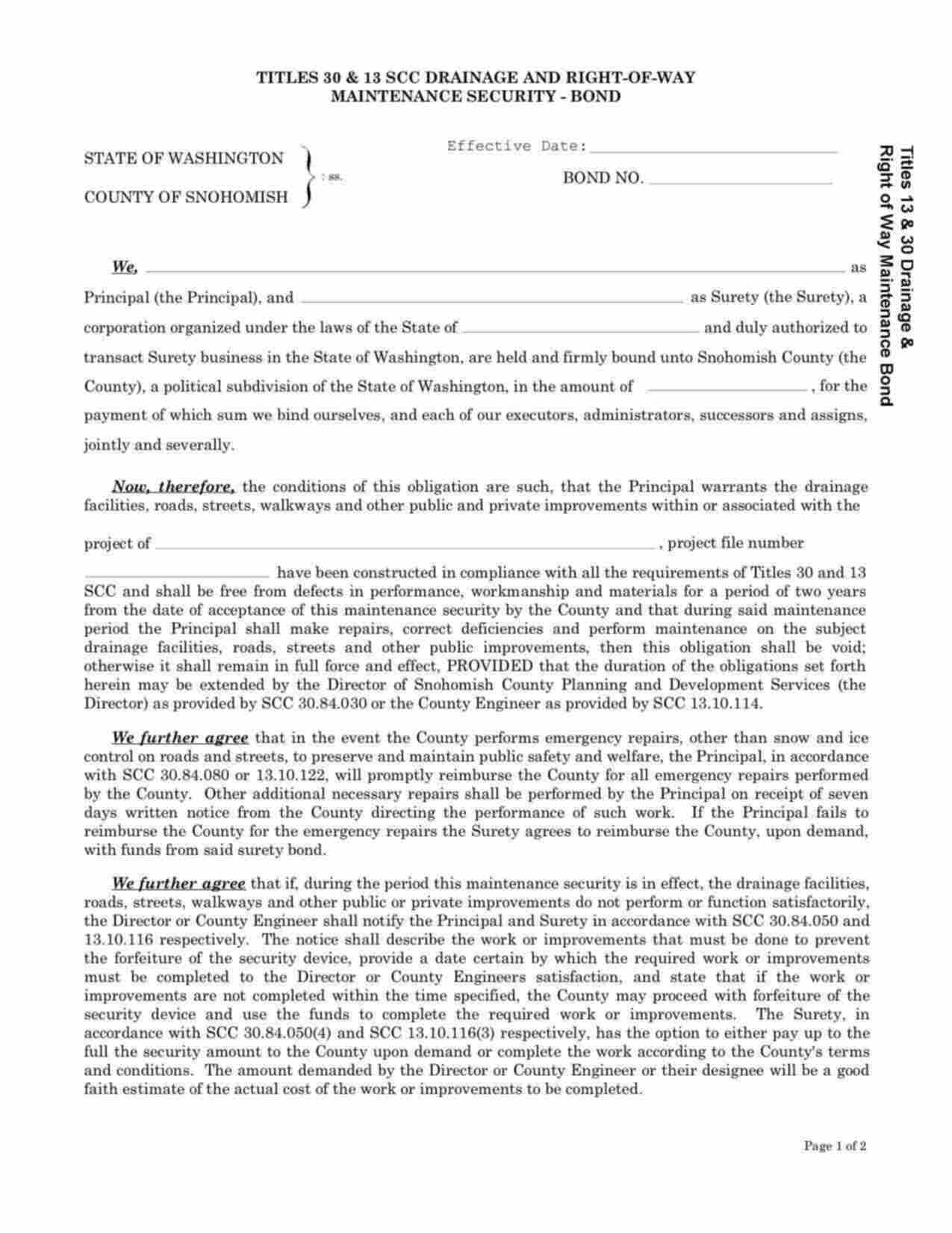 Washington Drainage and Right-of-Way Utility Performance Bond Form