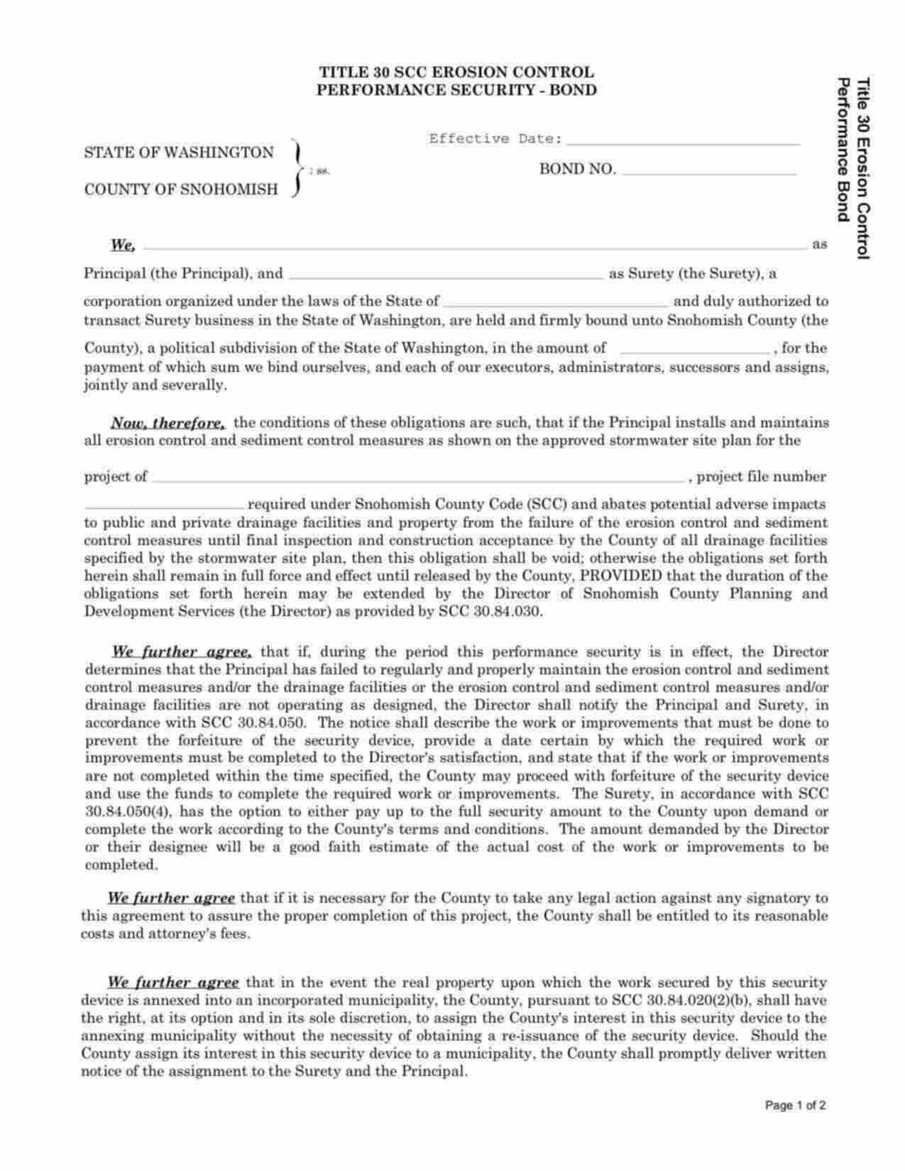 Washington Erosion Control Performance Bond Form