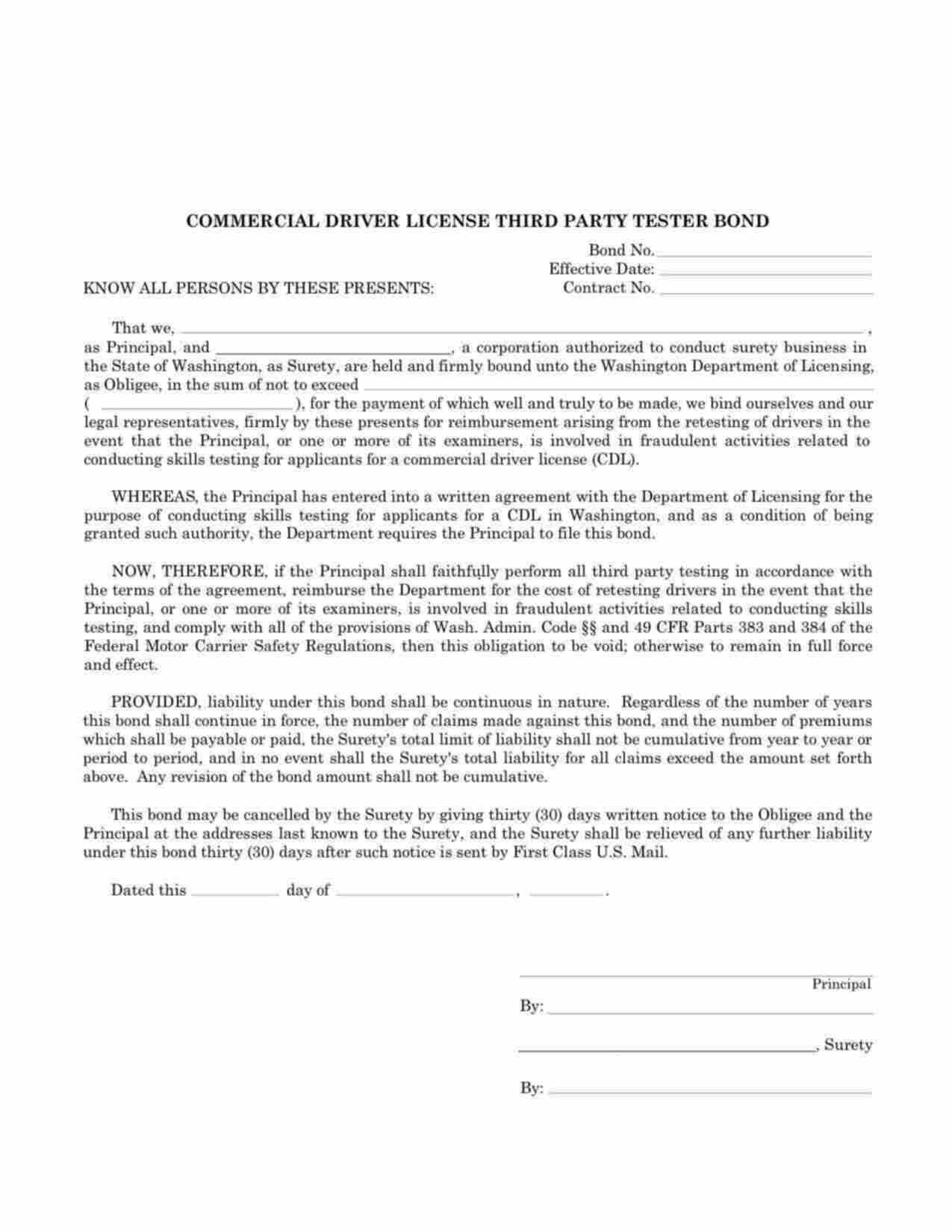 Washington Commercial Driver License (CDL) Third Party Tester Bond Form