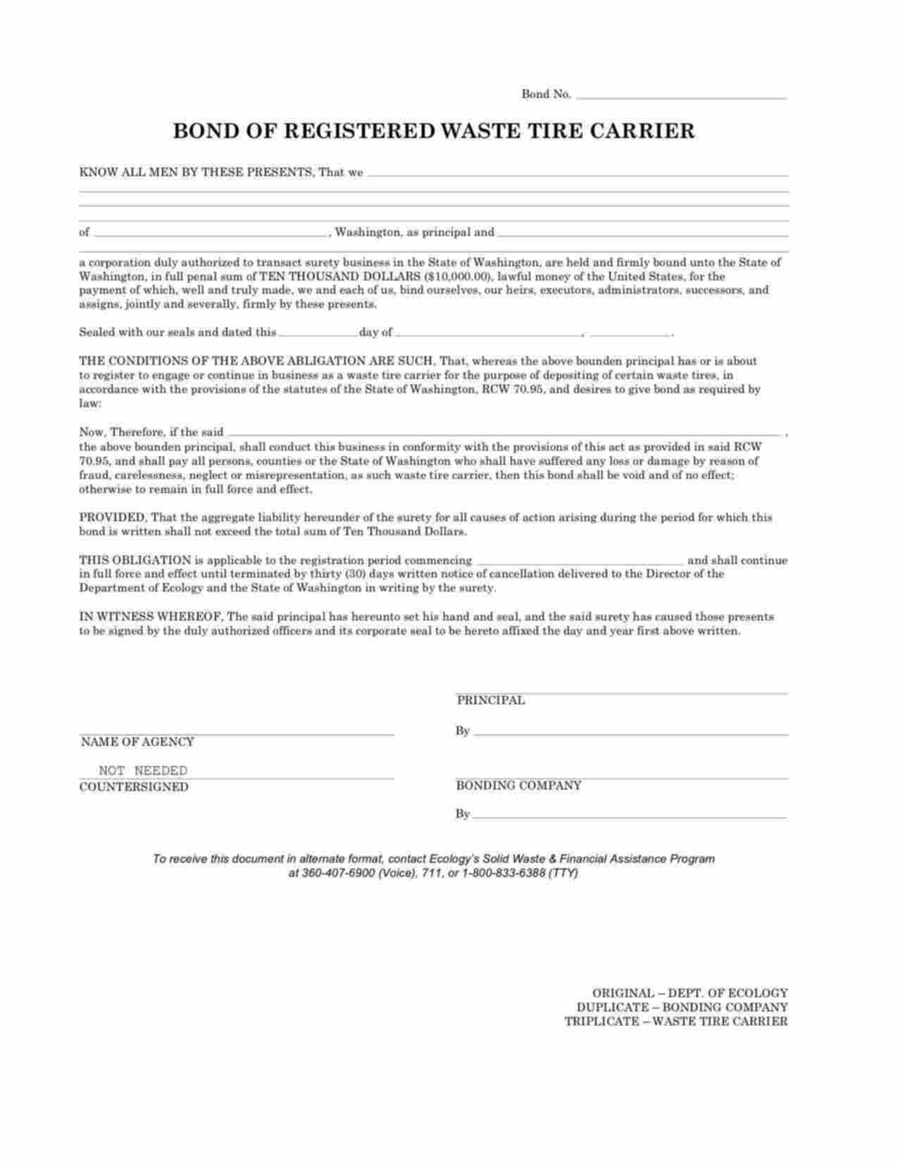 Washington Registered Waste Tire Carrier Bond Form