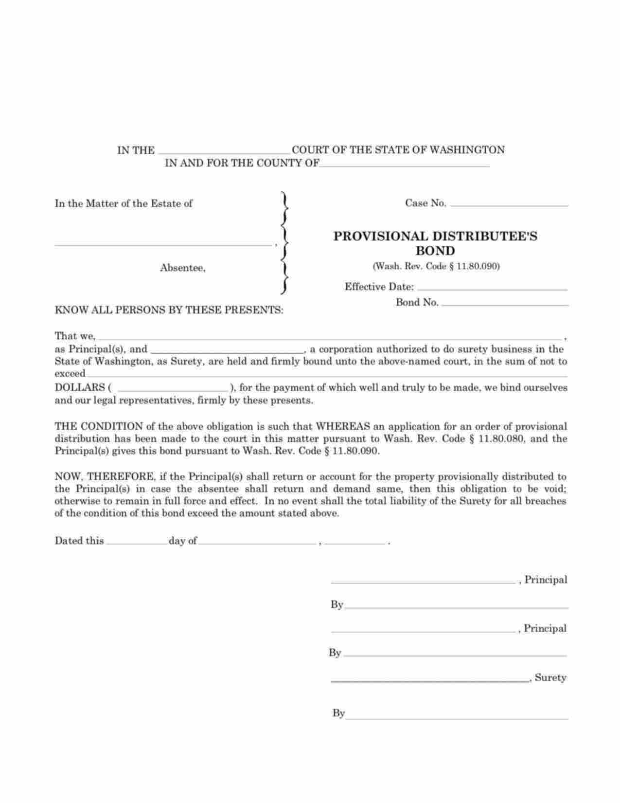 Washington Provisional Distributee Bond Form