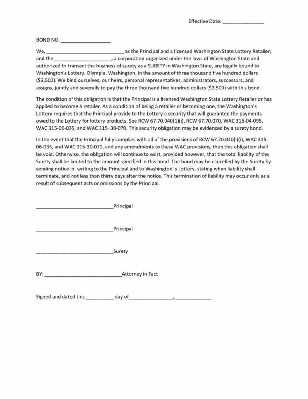 Washington Lottery Retailer Bond Form