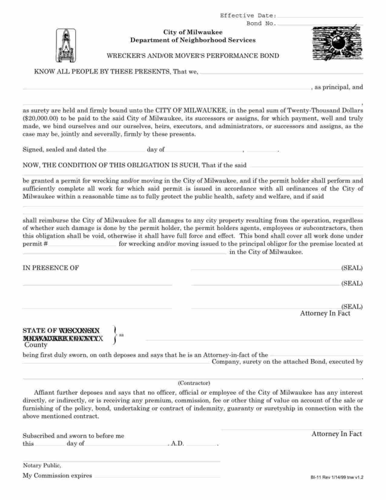 Wisconsin Wrecker's and/or Mover's Performance Bond Form