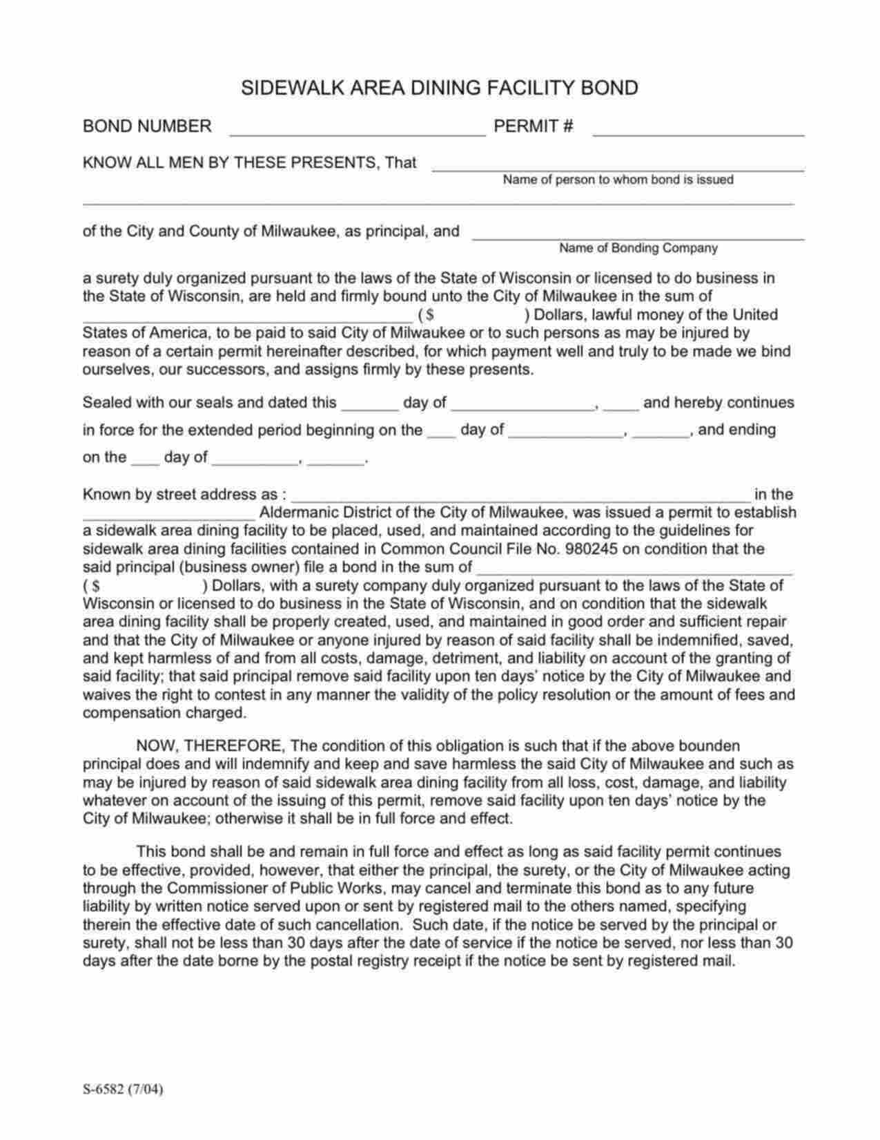 Wisconsin Sidewalk Area Dining Facility Bond Form