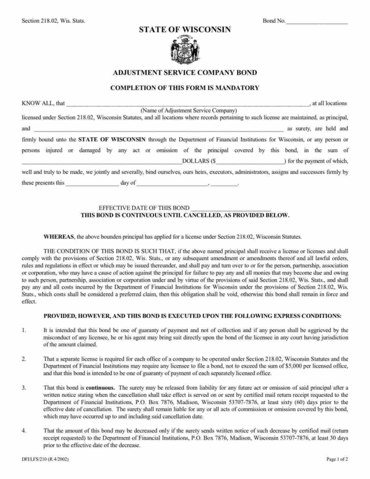 Wisconsin Adjustment Service Company Bond Form