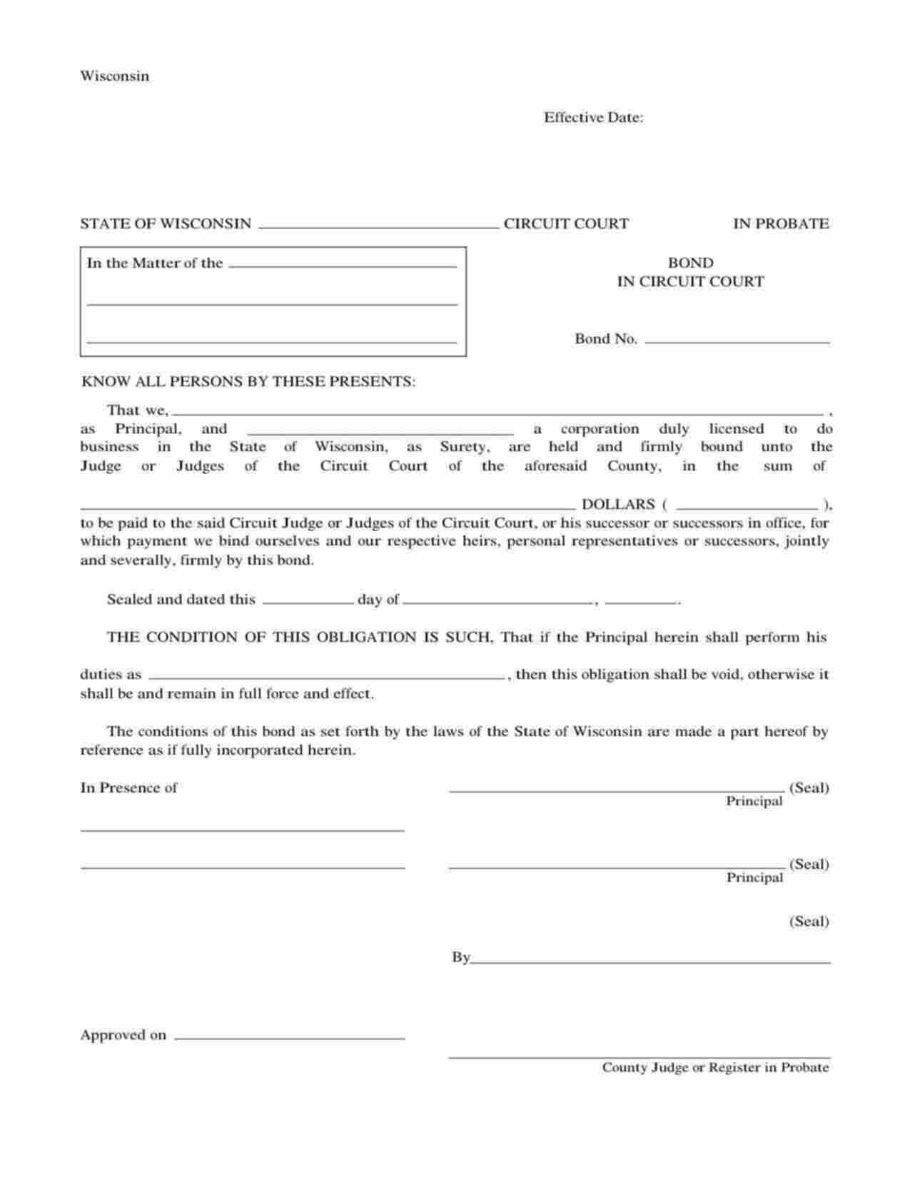 Wisconsin Probate Administrator, Executor, Conservator, or Guardian Bond Form
