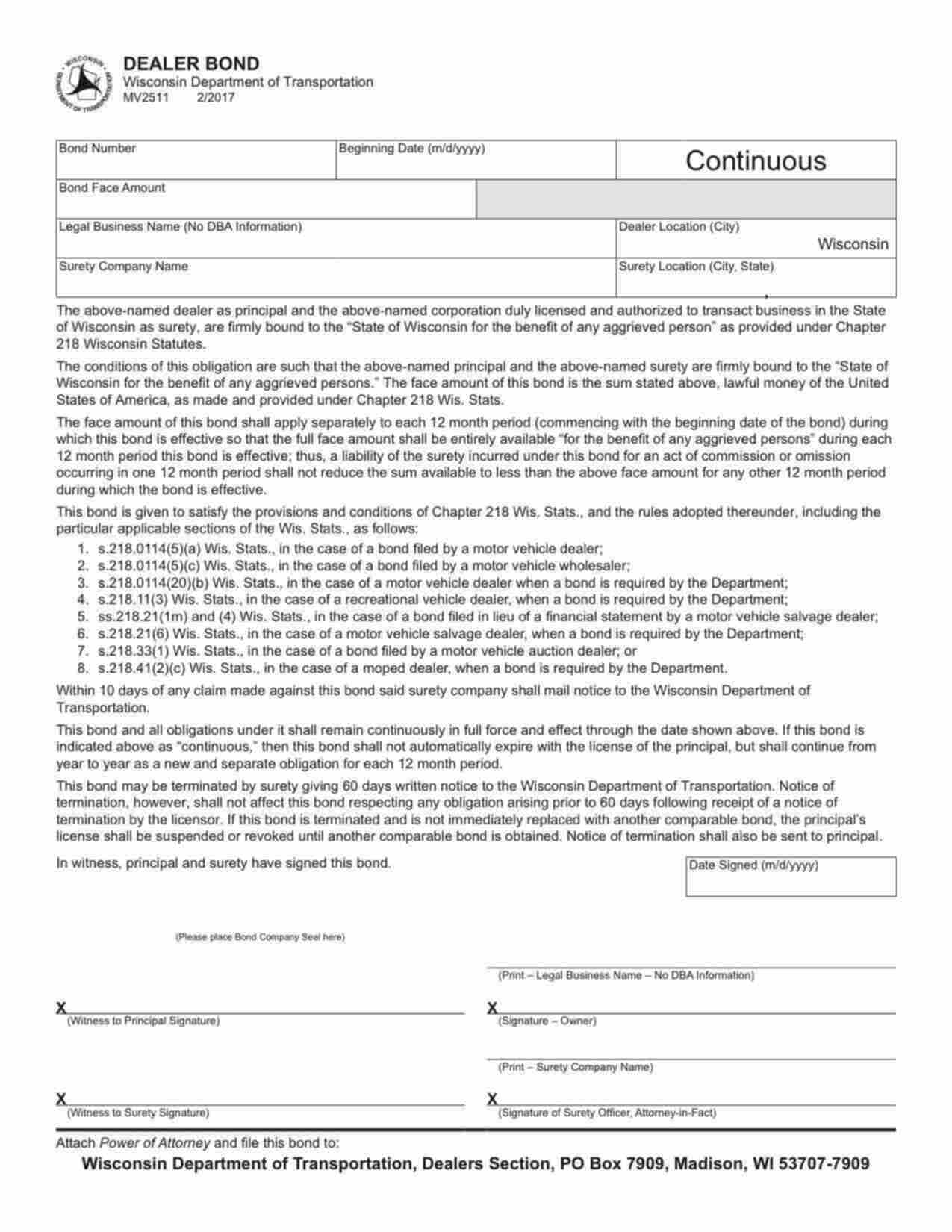 Wisconsin Motor Vehicle Wholesaler Bond Form