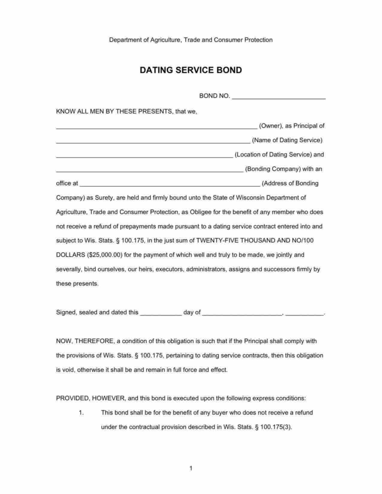 Wisconsin Dating Service Bond Form