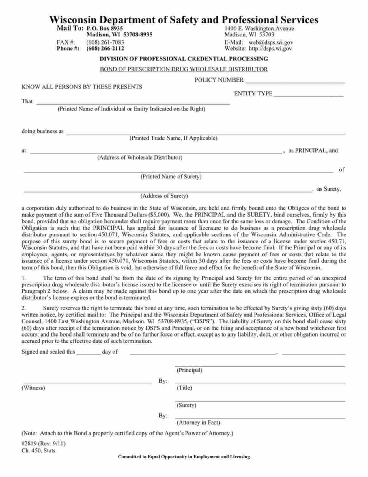 Wisconsin Prescription Drug Wholesale Distributor Bond Form