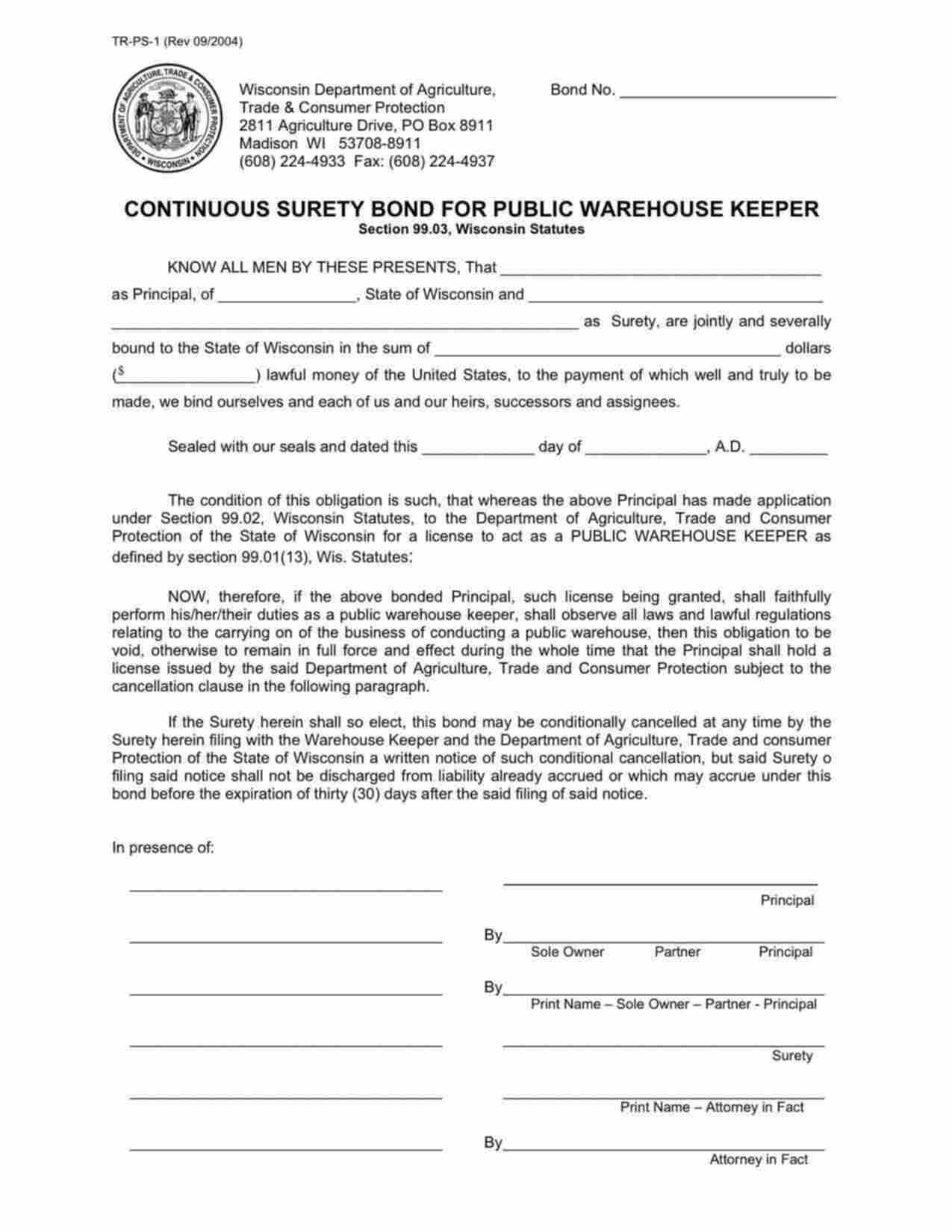 Wisconsin Public Warehouse Keeper Bond Form