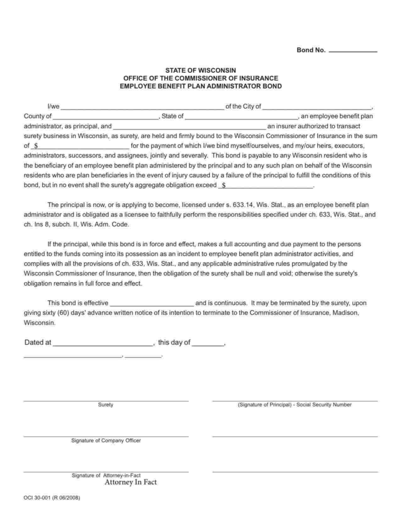 Wisconsin Employee Benefit Plan Administrator or Pharmacy Benefit Manager Bond Form