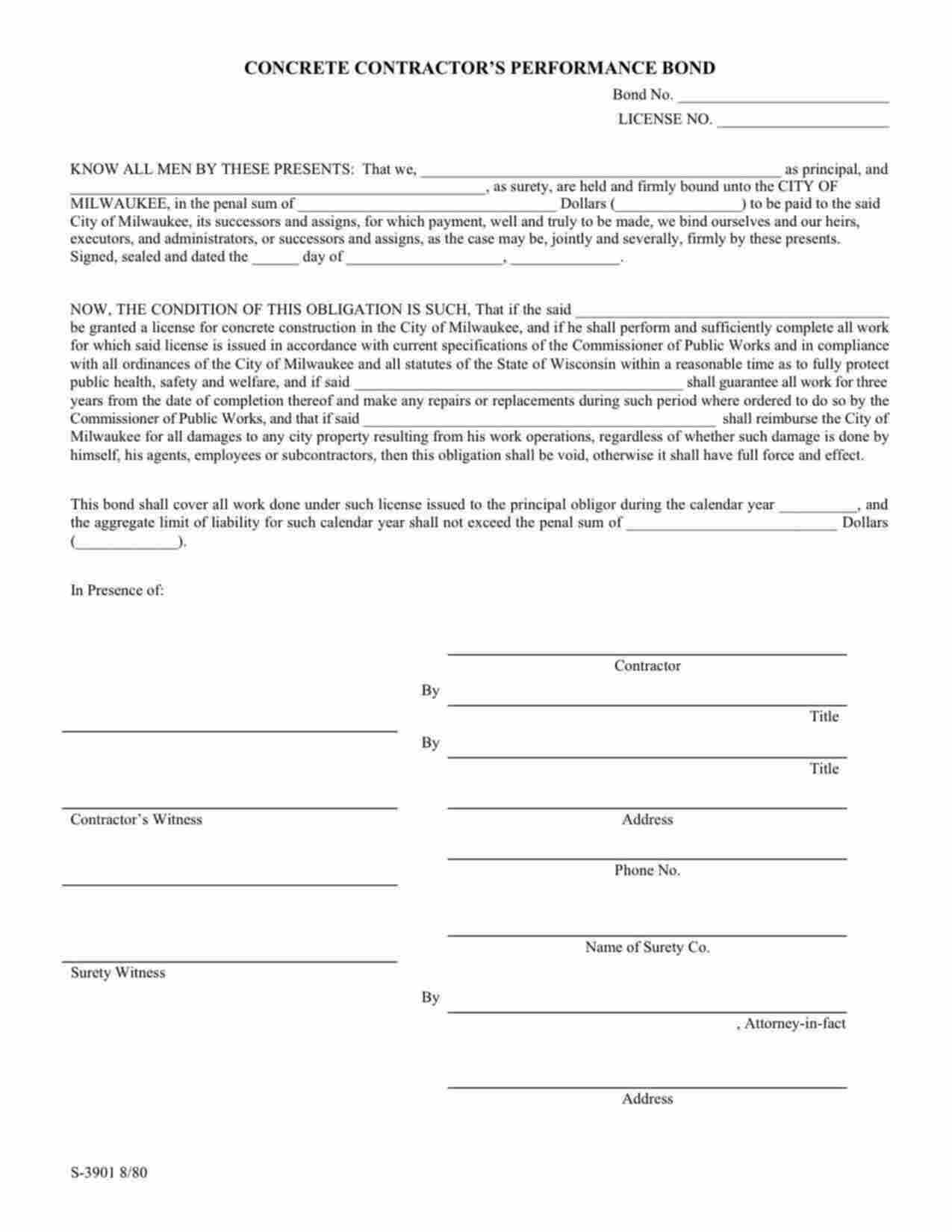 Wisconsin Concrete Contractor's Performance Bond Form