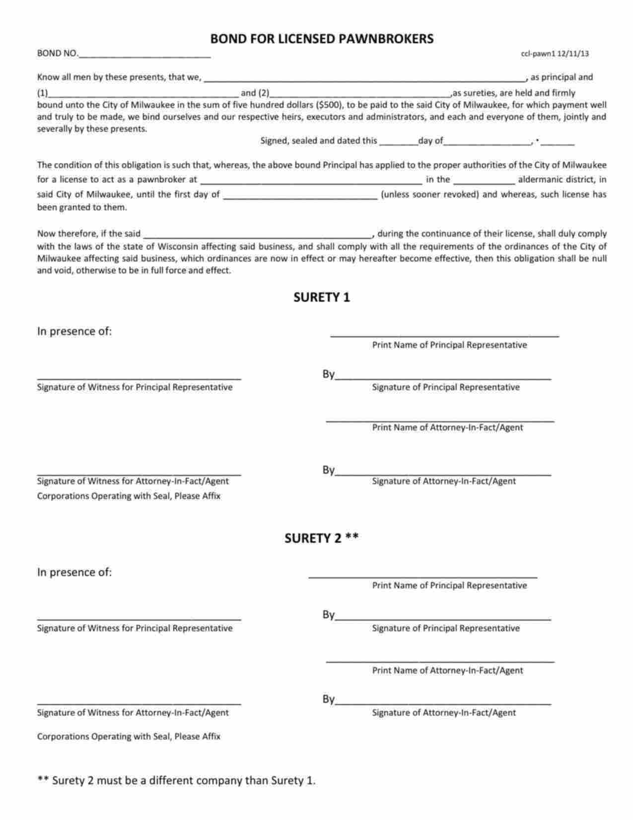 Wisconsin Licensed Pawnbroker Bond Form