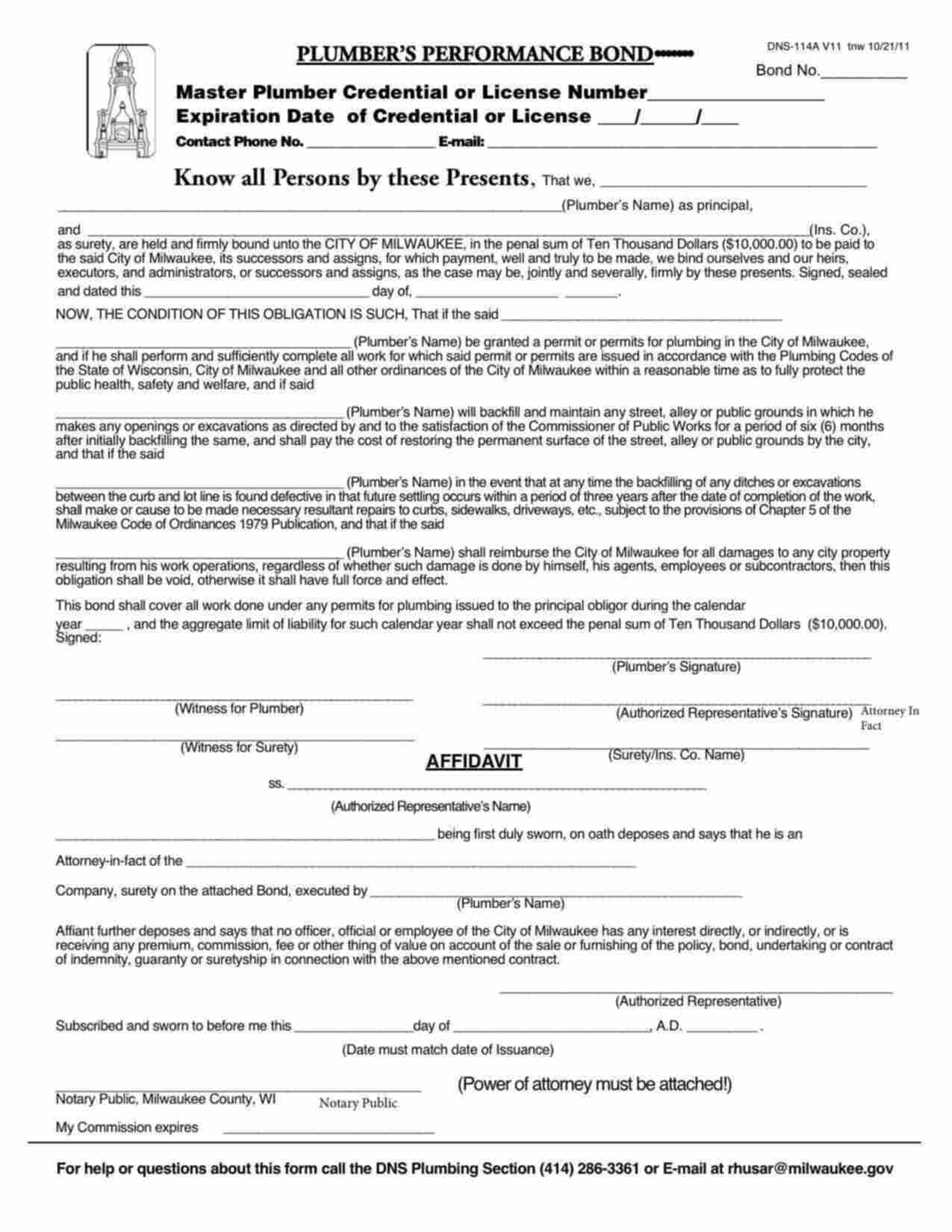 Wisconsin Plumber's Performance Bond Form