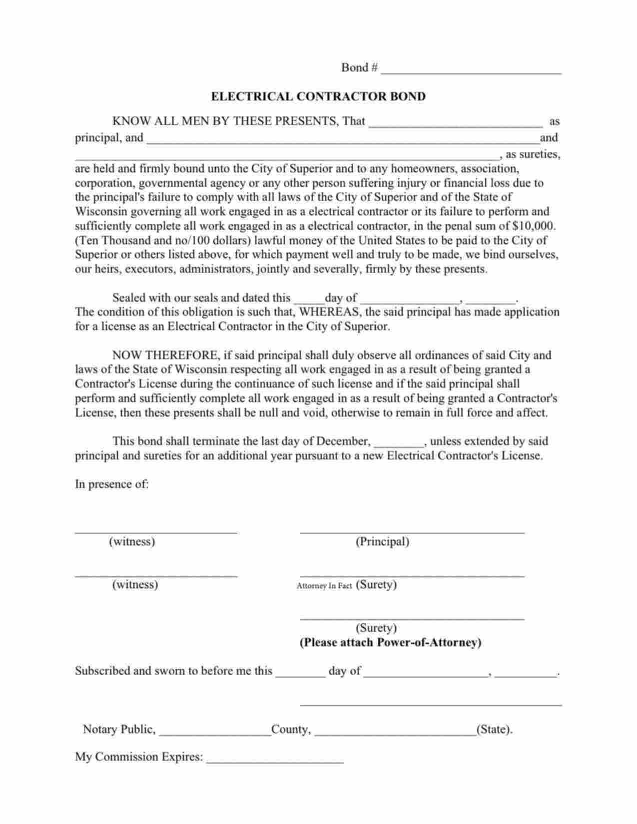 Wisconsin Electrical Contractor Bond Form