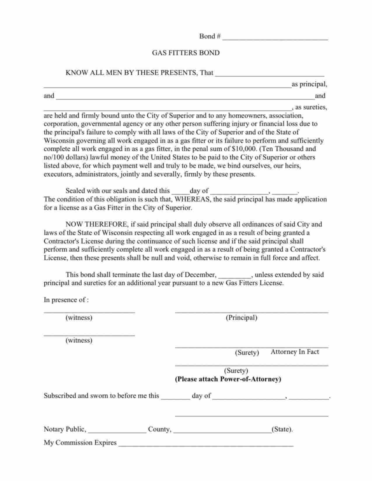 Wisconsin Gas Fitters Bond Form