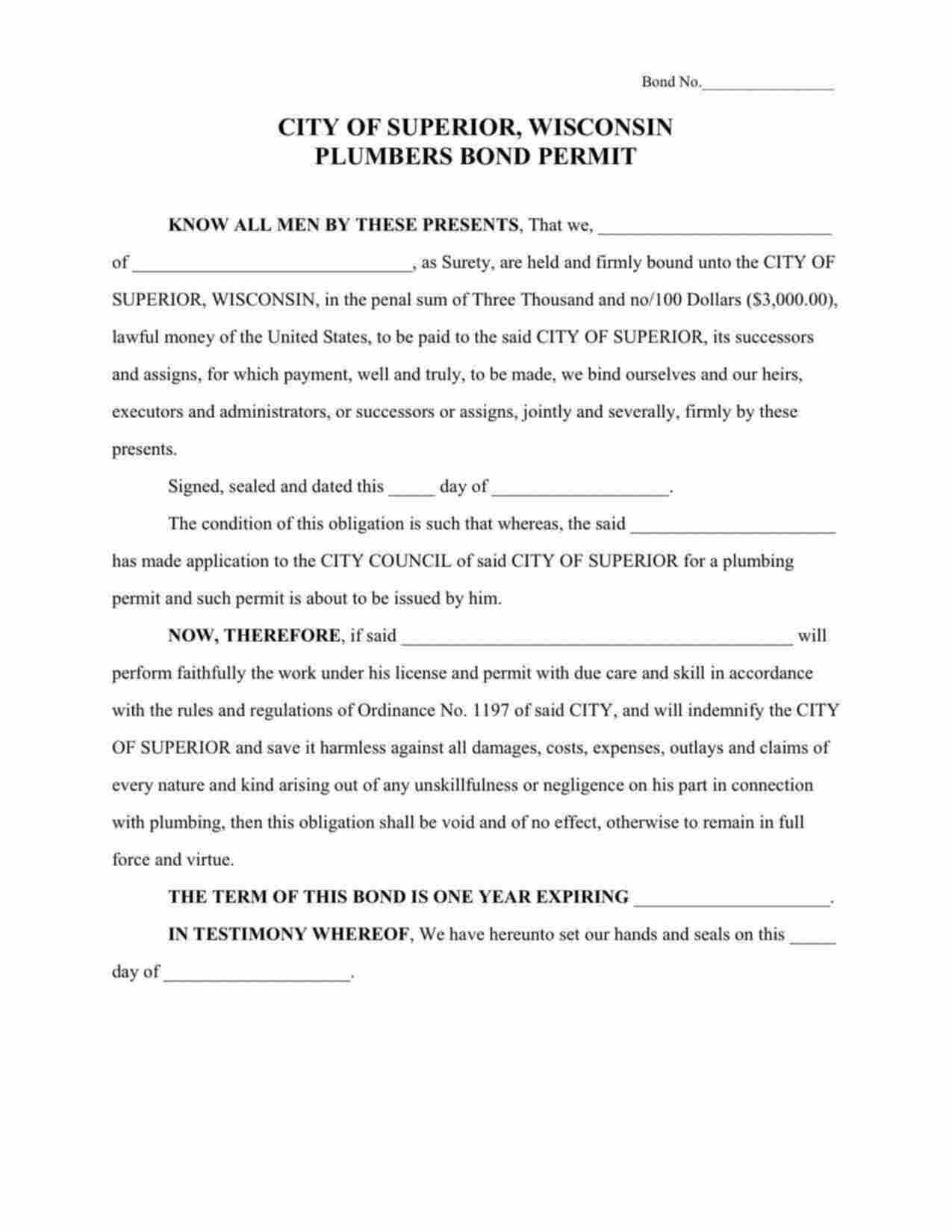 Wisconsin Plumbers Permit Bond Form