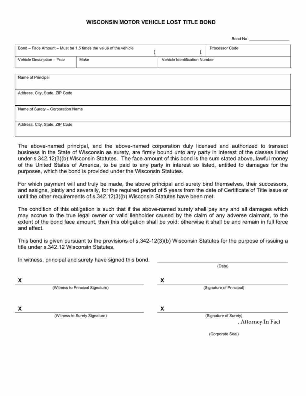 Wisconsin Motor Vehicle Lost Title Bond Form