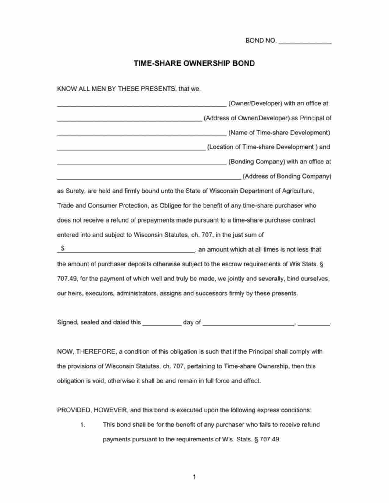 Wisconsin Time-Share Ownership Bond Form