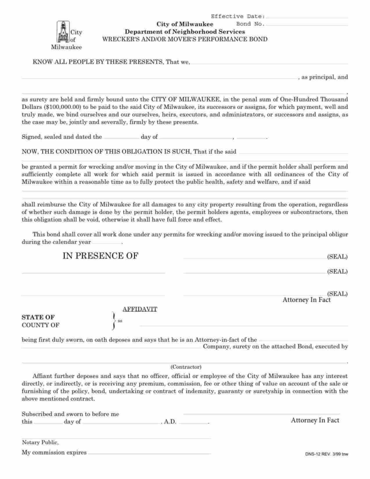 Wisconsin Wrecker's and/or Mover's Performance Bond Form