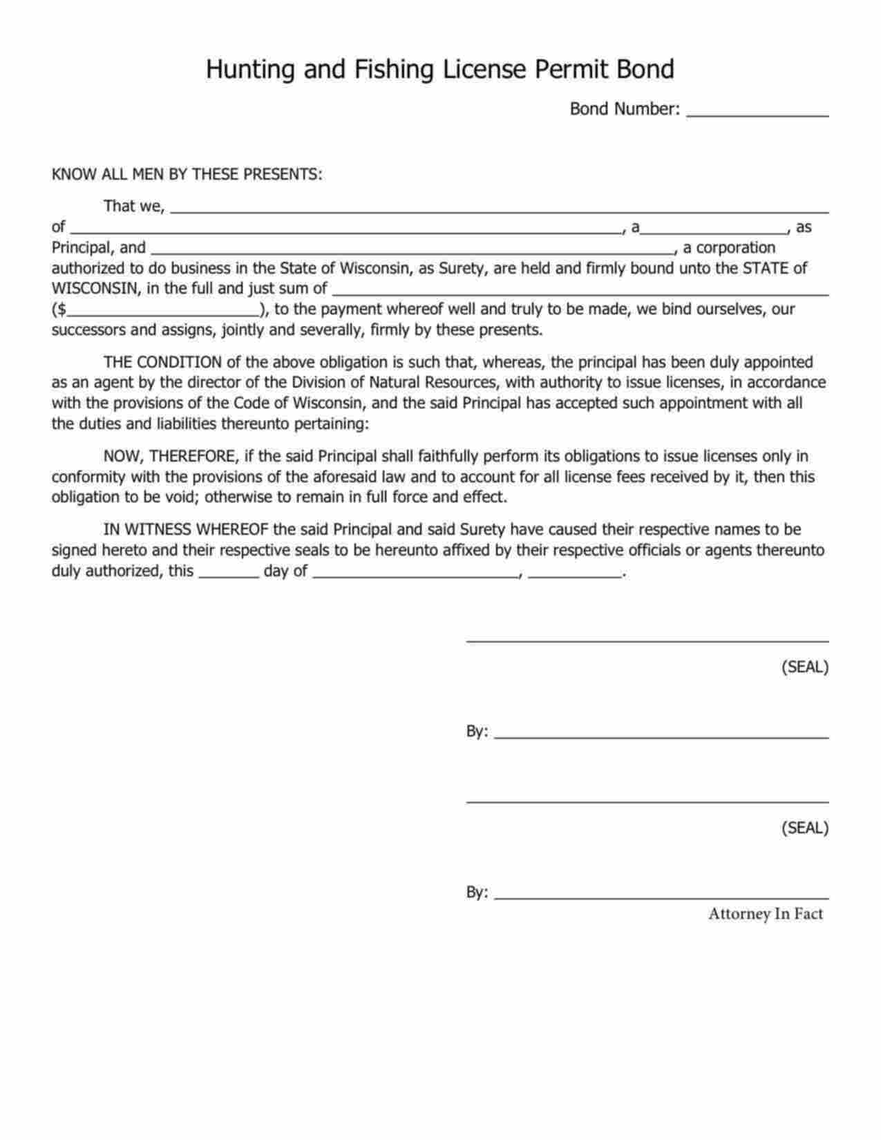 Wisconsin Hunting and Fishing License Permit Bond Form