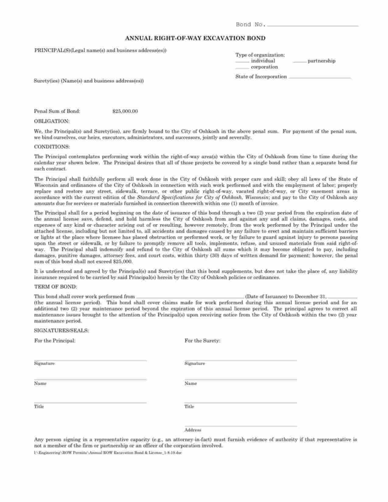 Wisconsin Annual Right-of-Way Excavation Bond Form