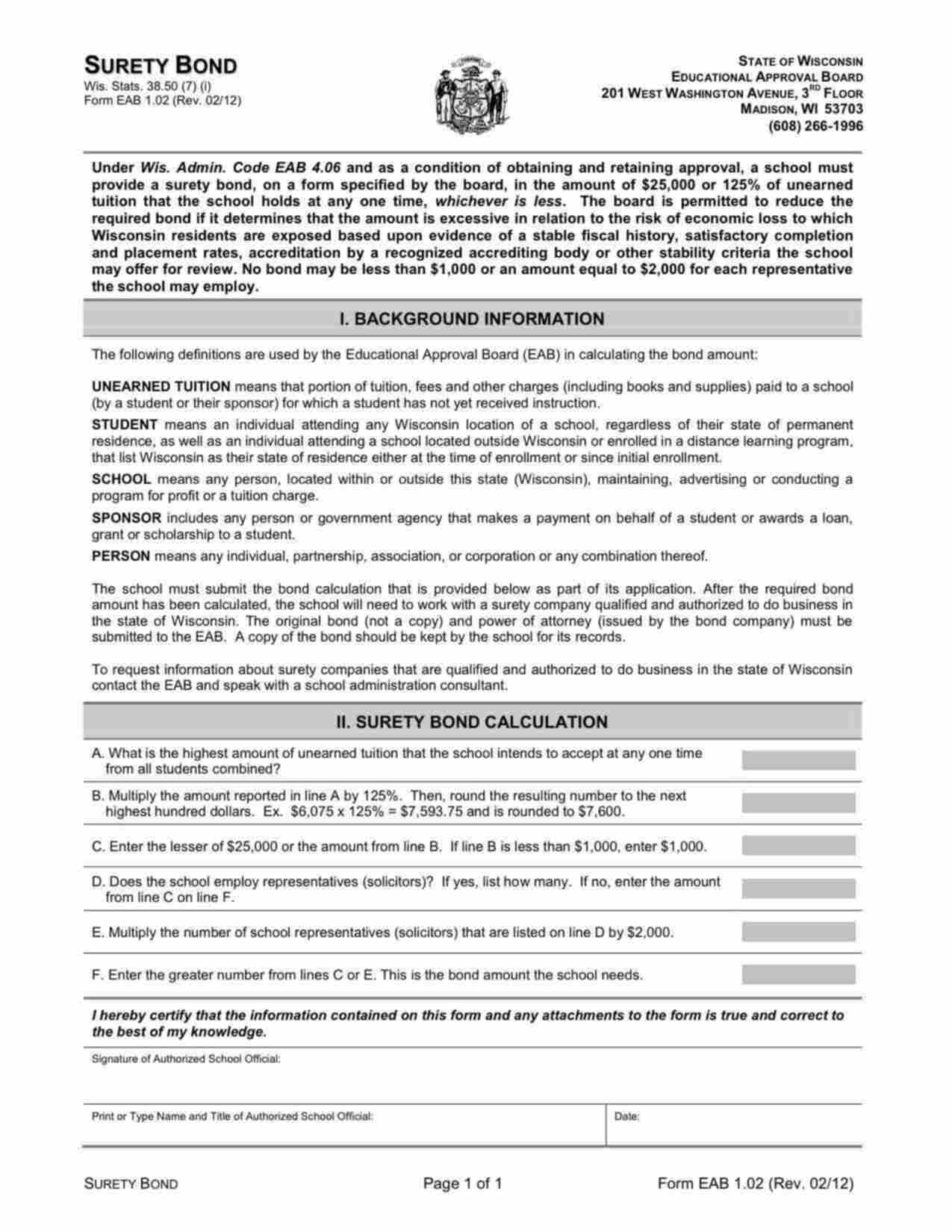 Wisconsin Private School Bond Form