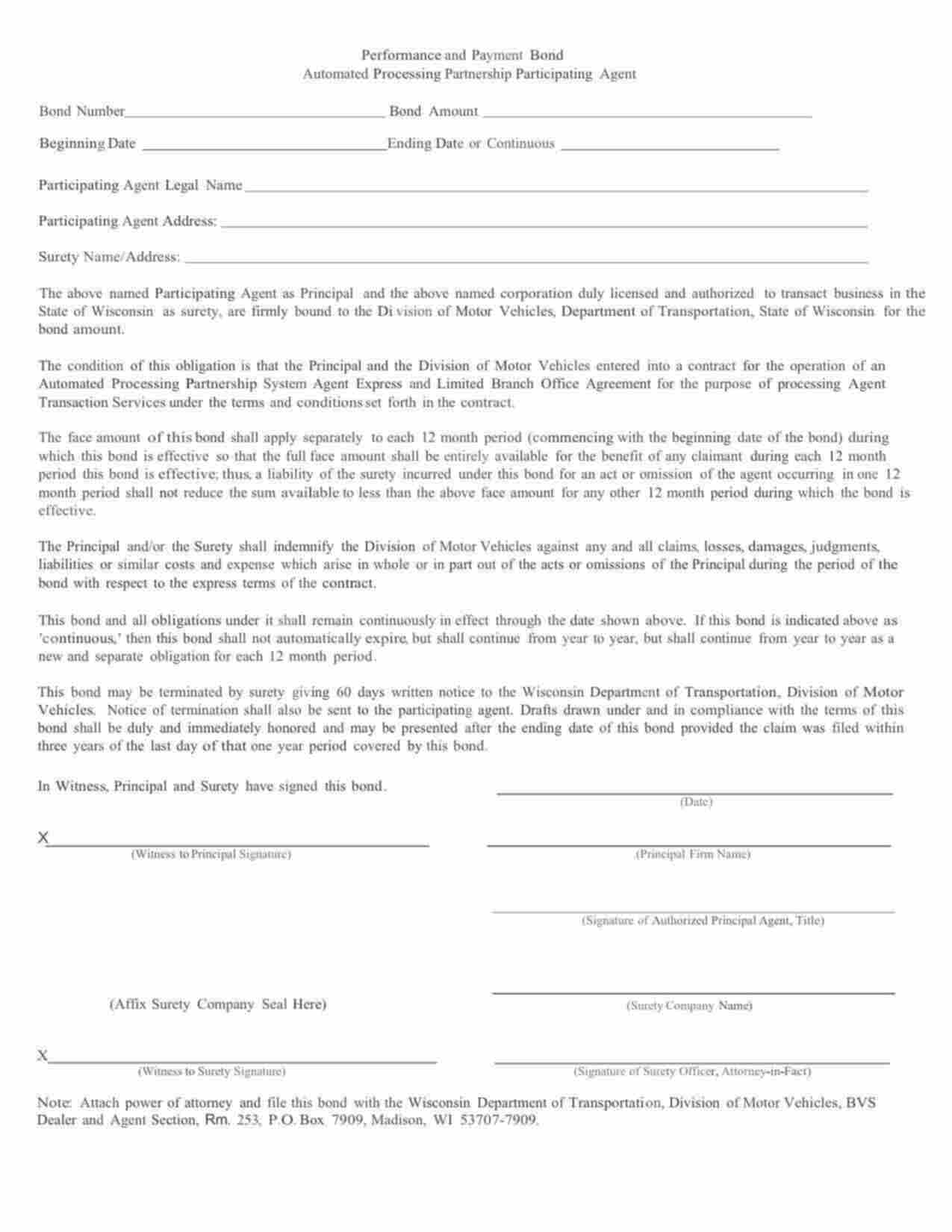 Wisconsin Automated Processing Partnership Participating Agent Bond Form