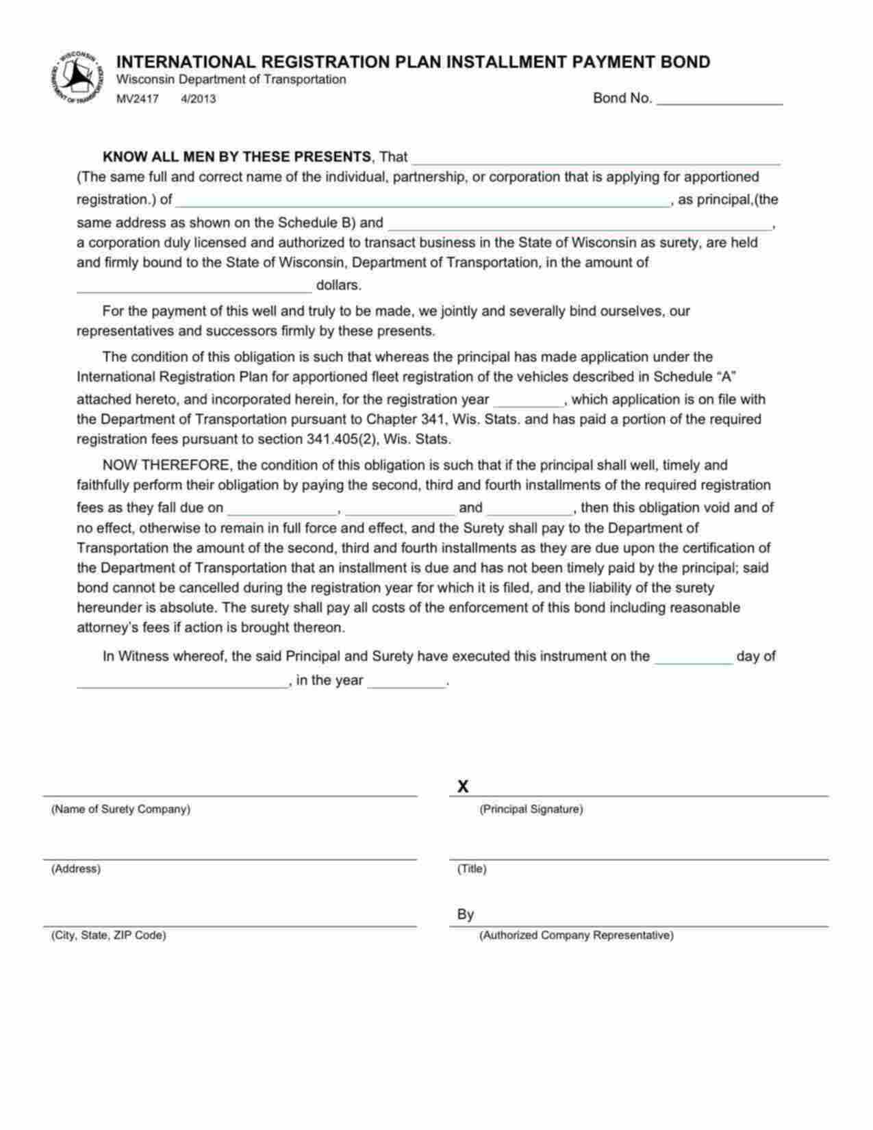 Wisconsin International Registration Plan (IRP) Installment Payment Bond Form