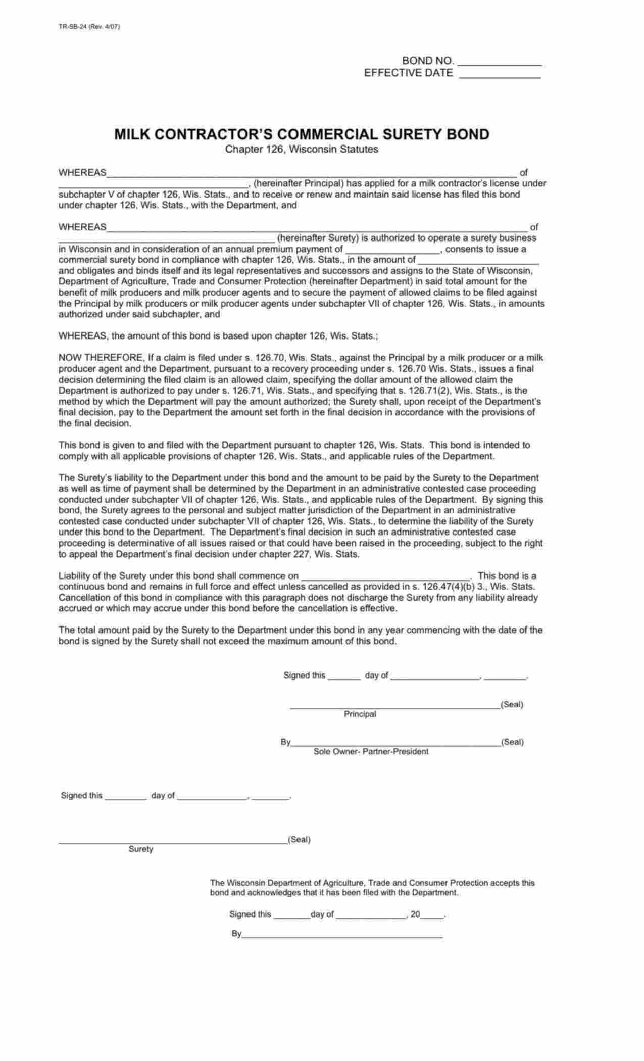 Wisconsin Milk Contractor Bond Form