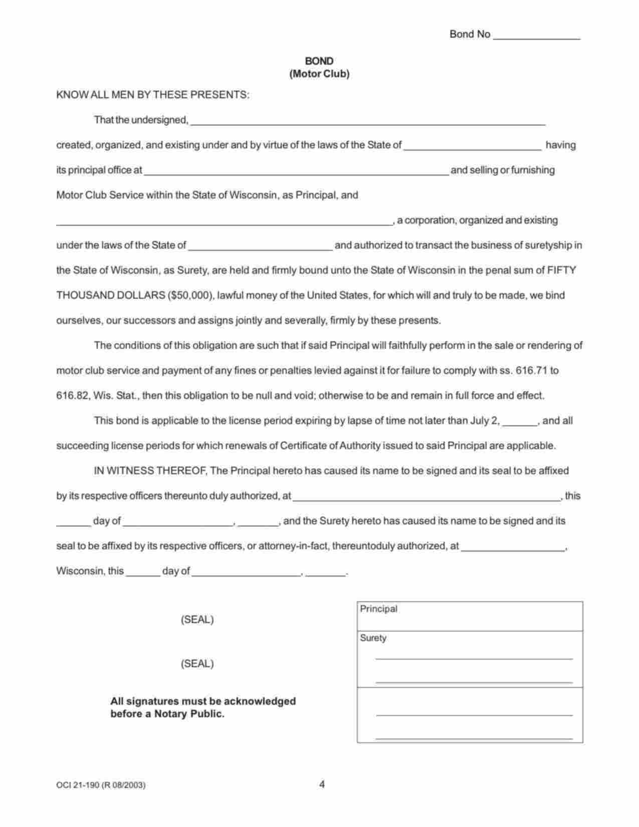 Wisconsin Motor Club Bond Form