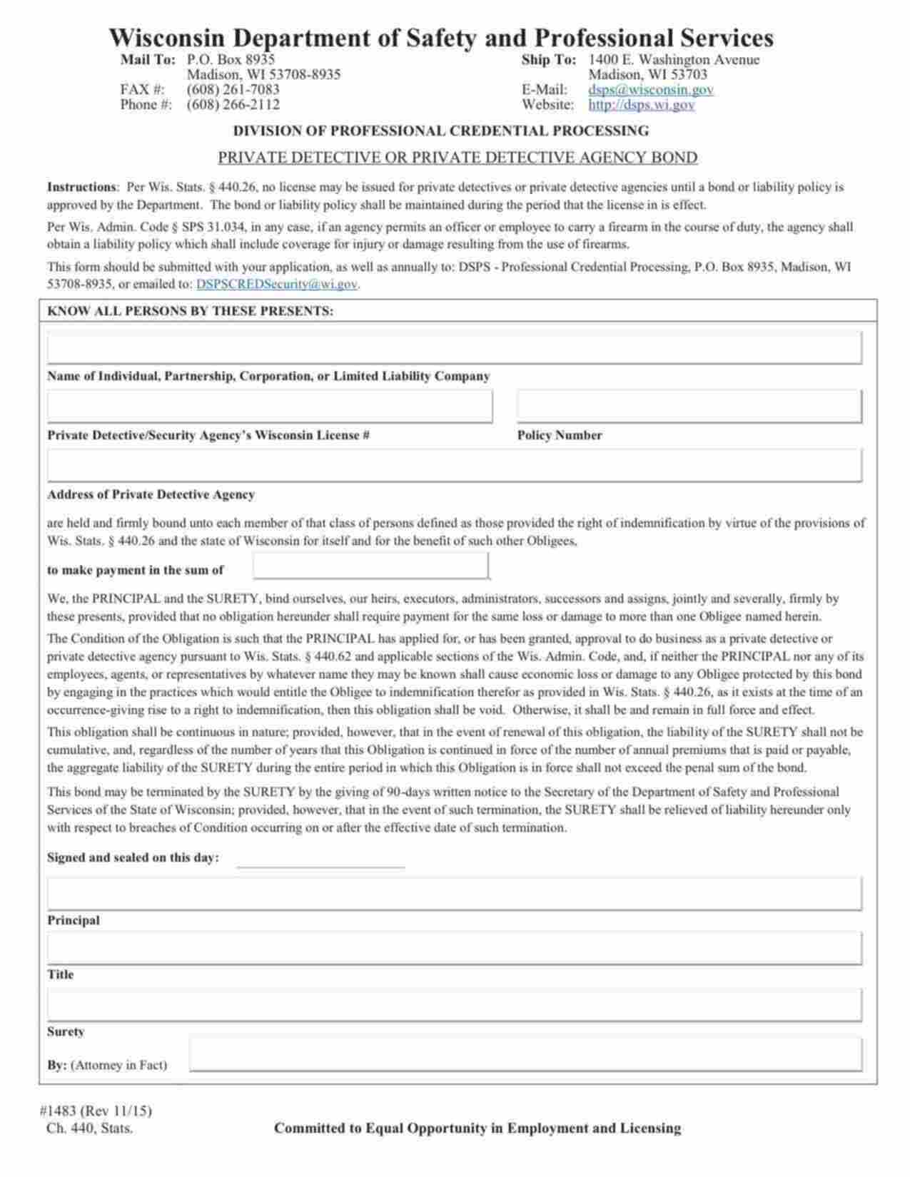 Wisconsin Private Detective or Private Detective Agency Bond Form