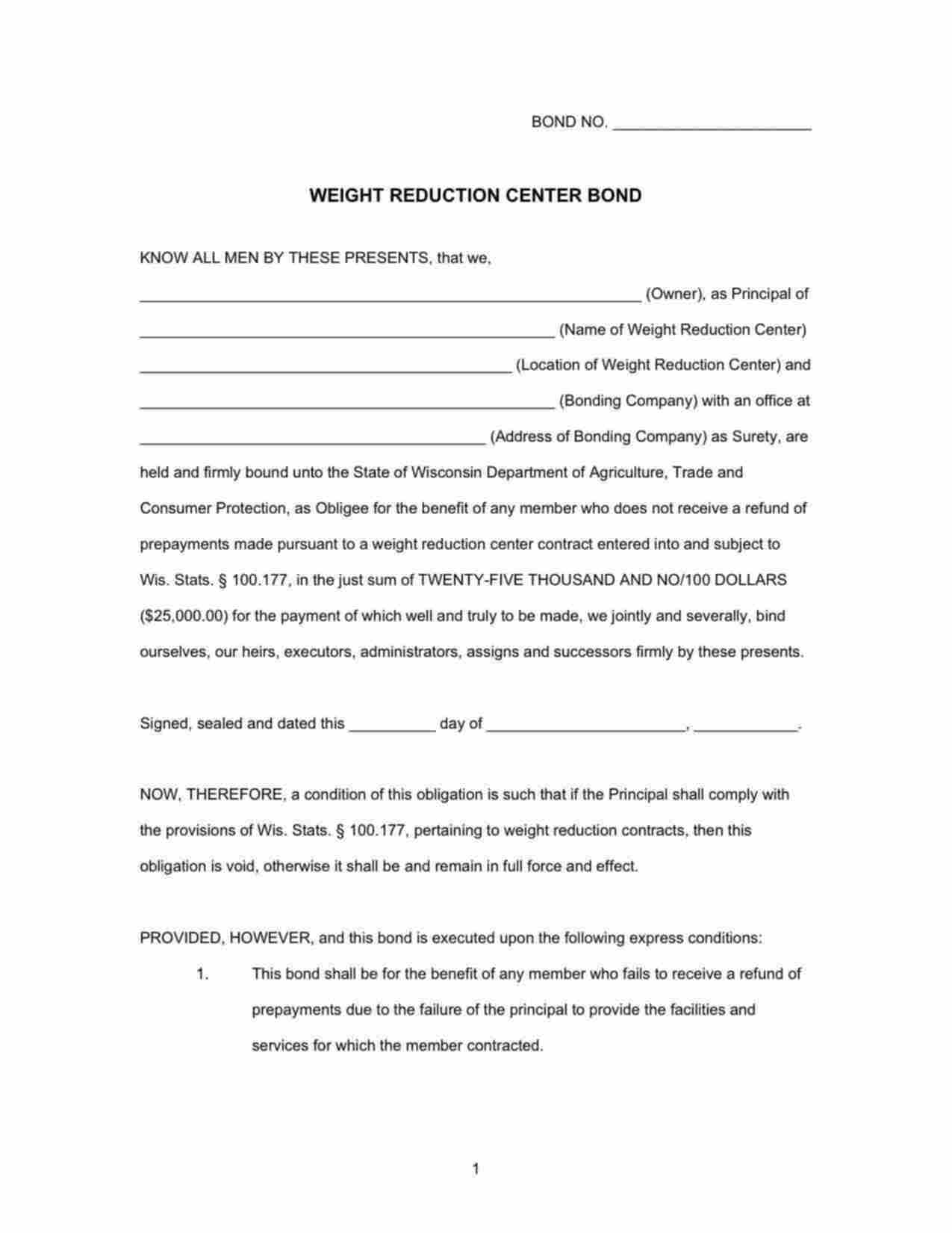 Wisconsin Weight Reduction Center Bond Form