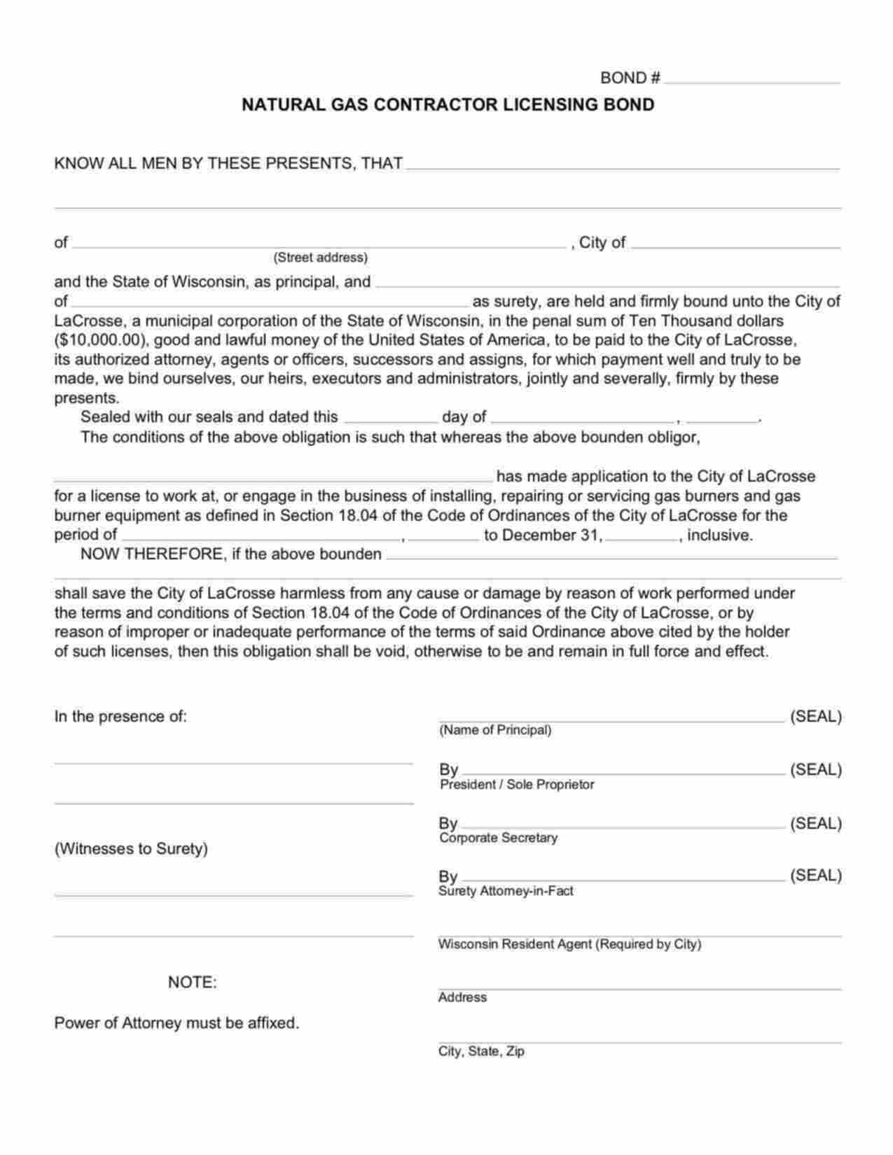 Wisconsin Natural Gas Contractor Bond Form