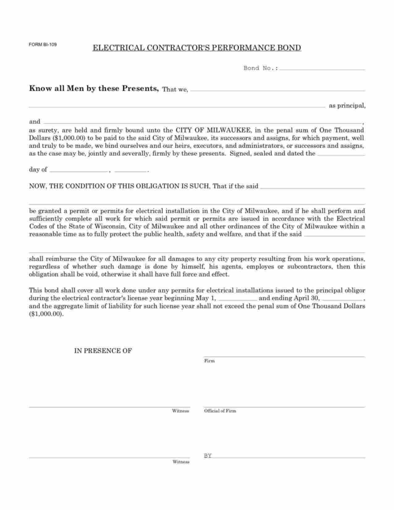 Wisconsin Electrical Contractor's Performance Bond Form