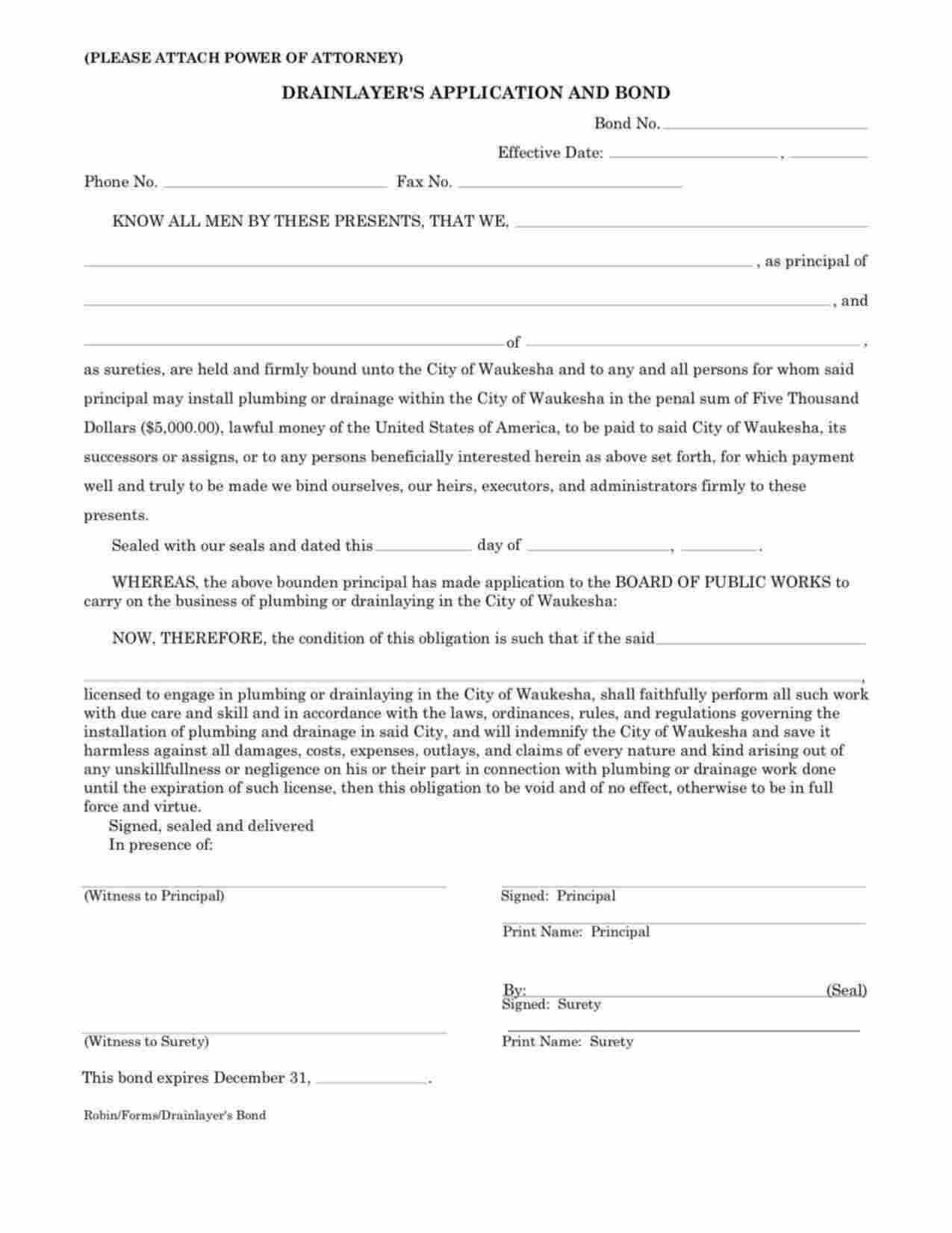 Wisconsin Drainlayer Bond Form