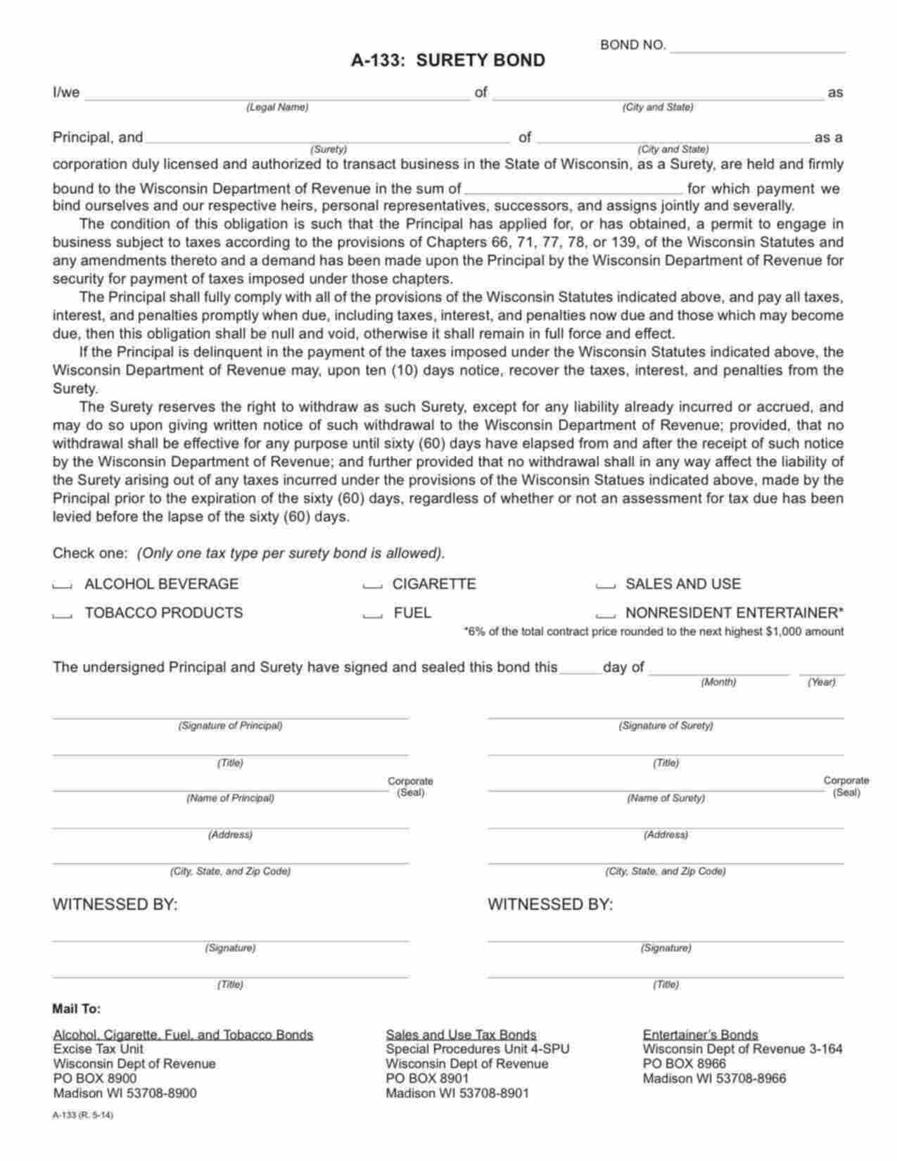 Wisconsin Nonresident Entertainer Tax Bond Form