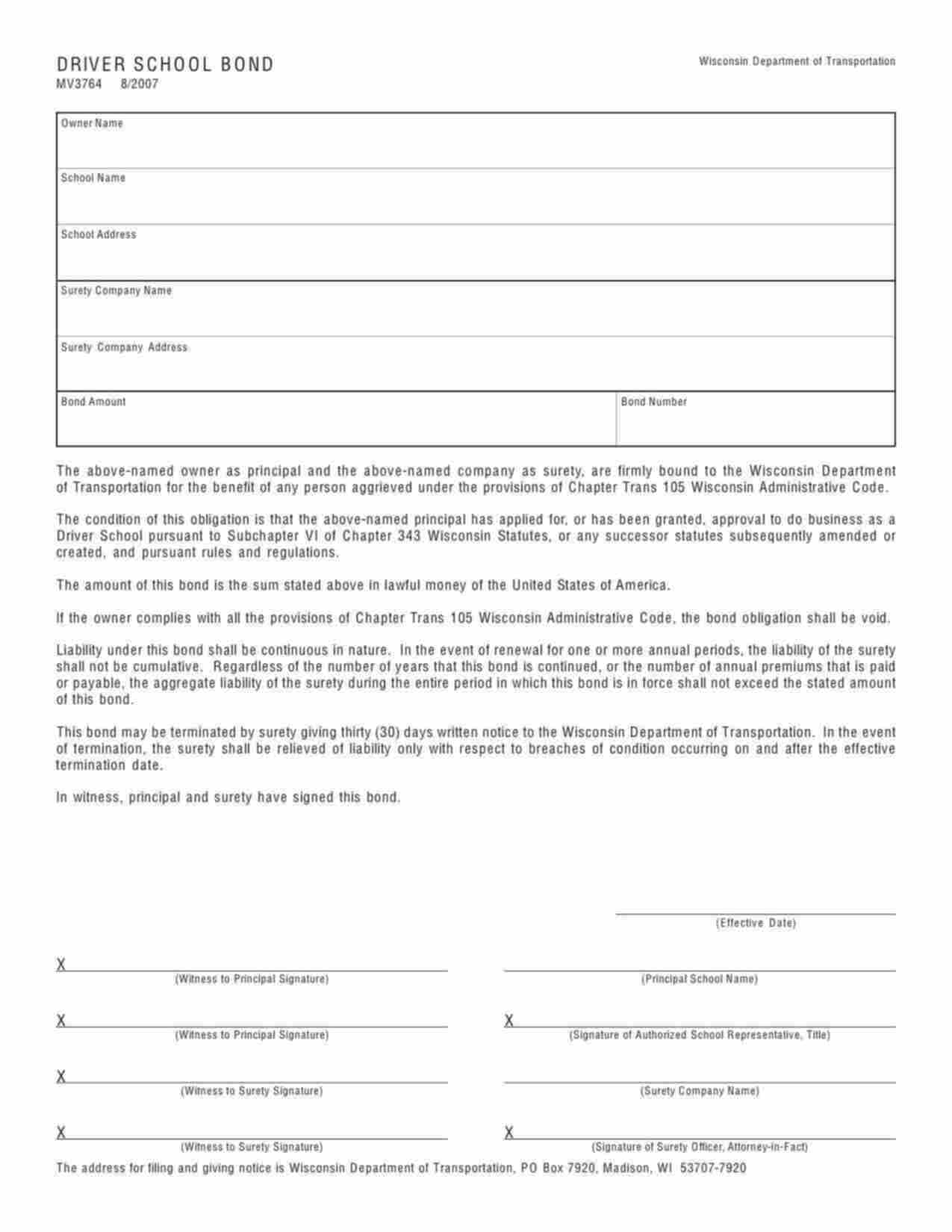 Wisconsin Driver School Bond Form