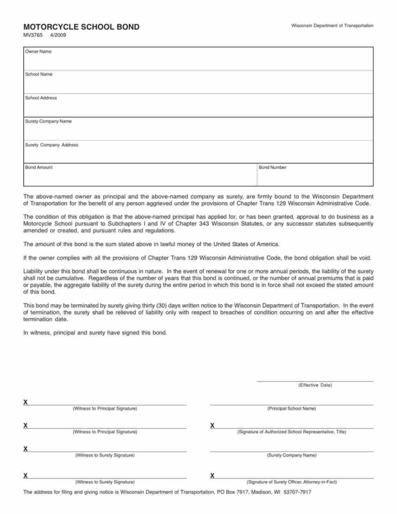 Wisconsin Motorcycle School Bond Form