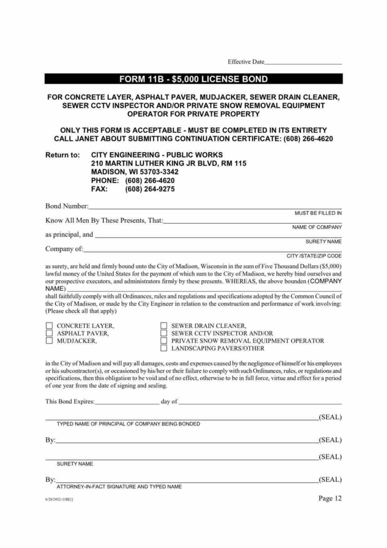 Wisconsin Sewer Drain Cleaner Bond Form