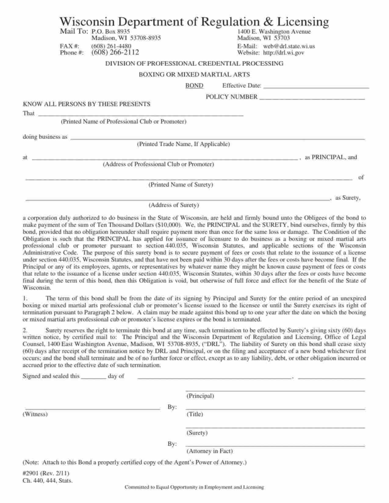 Wisconsin Boxing or Mixed Martial Arts Promoter Bond Form