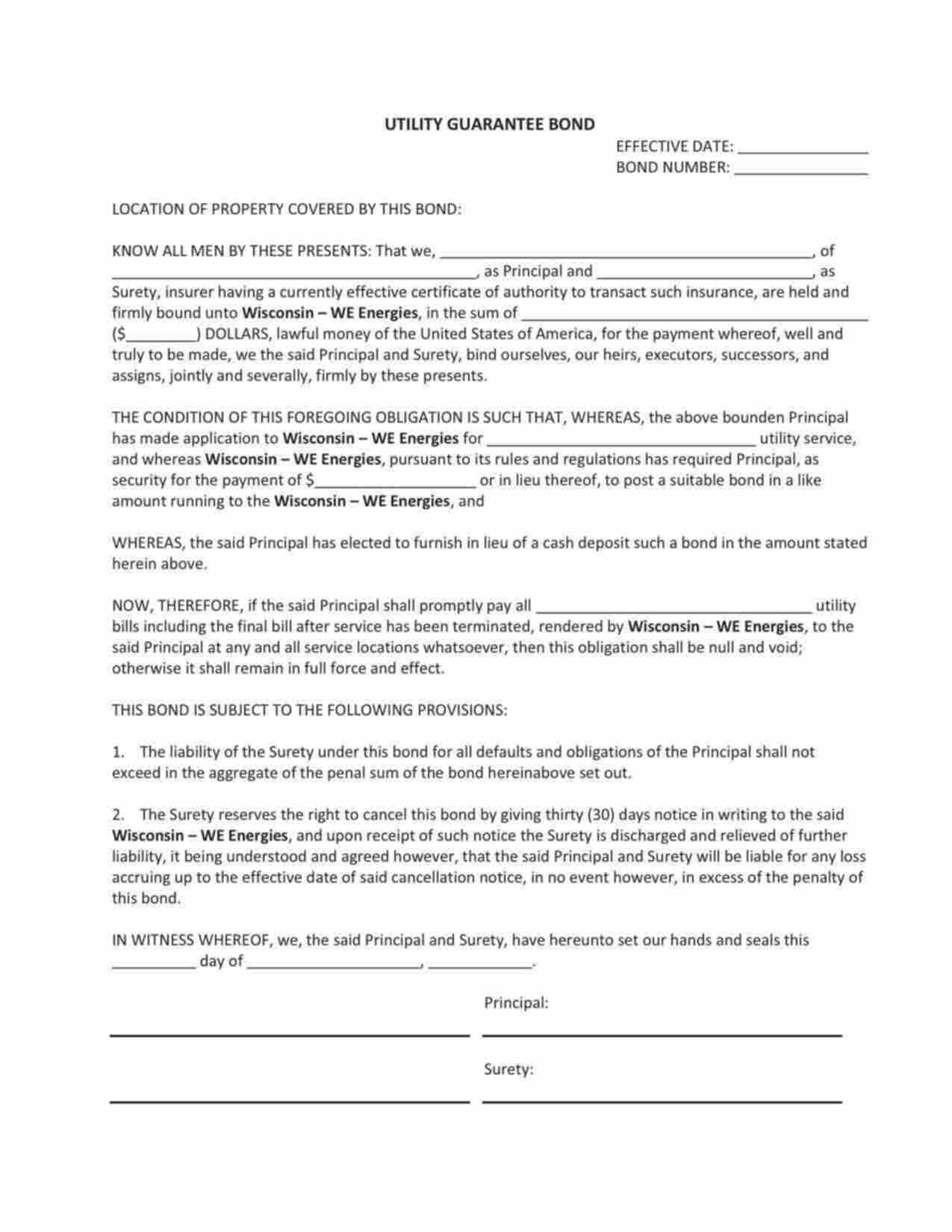 Wisconsin Utility Deposit Bond Form