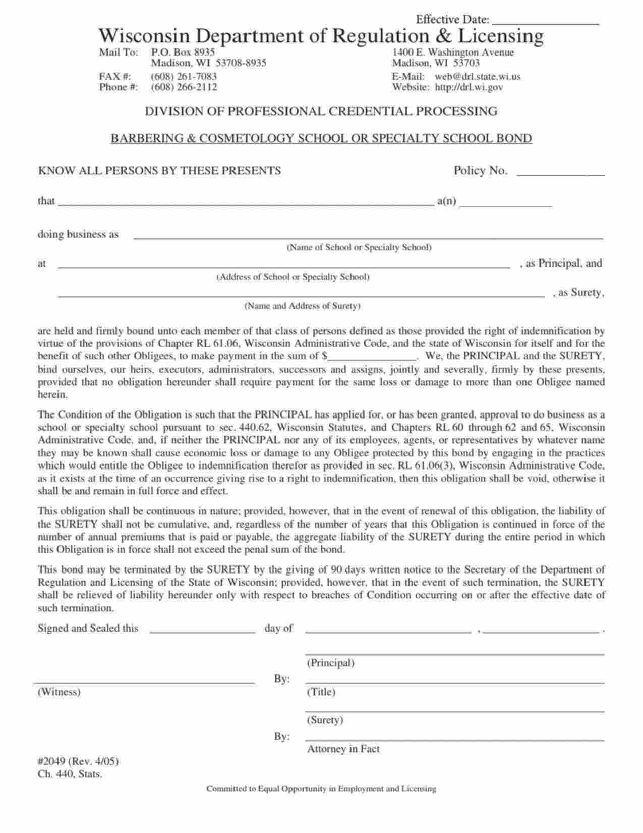 Wisconsin Barbering & Cosmetology School or Specialty School Bond Form