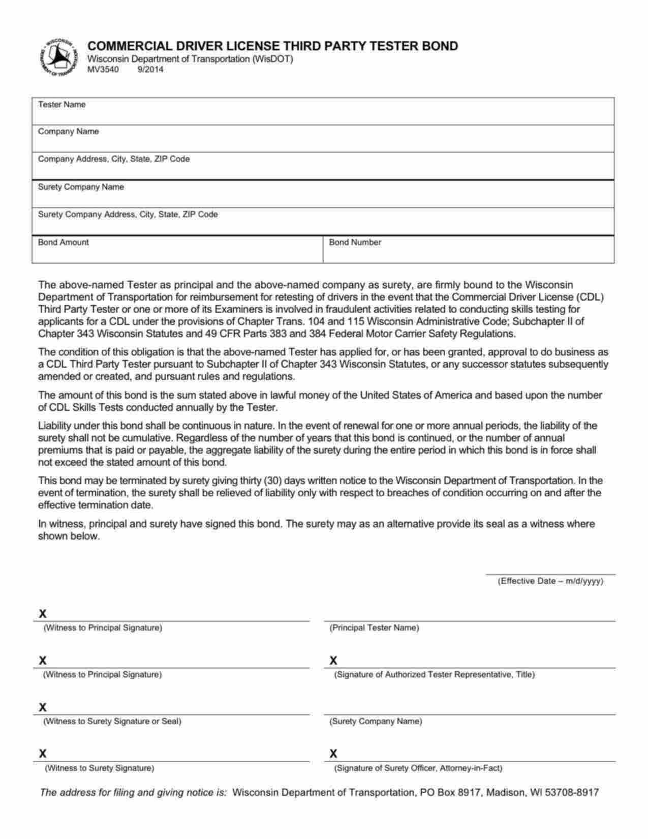 Wisconsin Commercial Driver License (CDL) Third Party Tester Bond Form