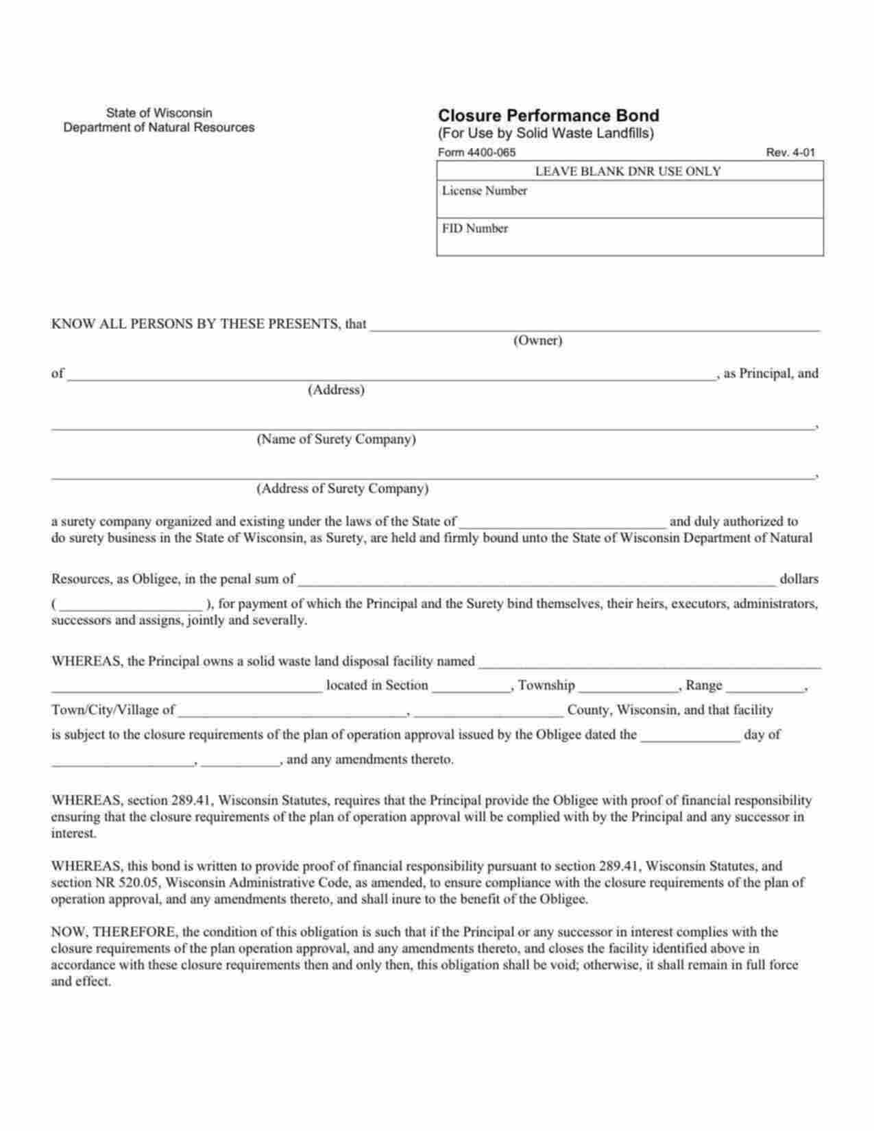 Wisconsin Solid Waste Landfills Closure Performance Bond Form