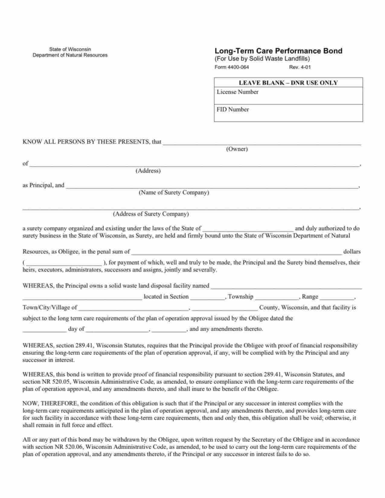 Wisconsin Solid Waste Landfills Long-Term Care Performance Bond Form